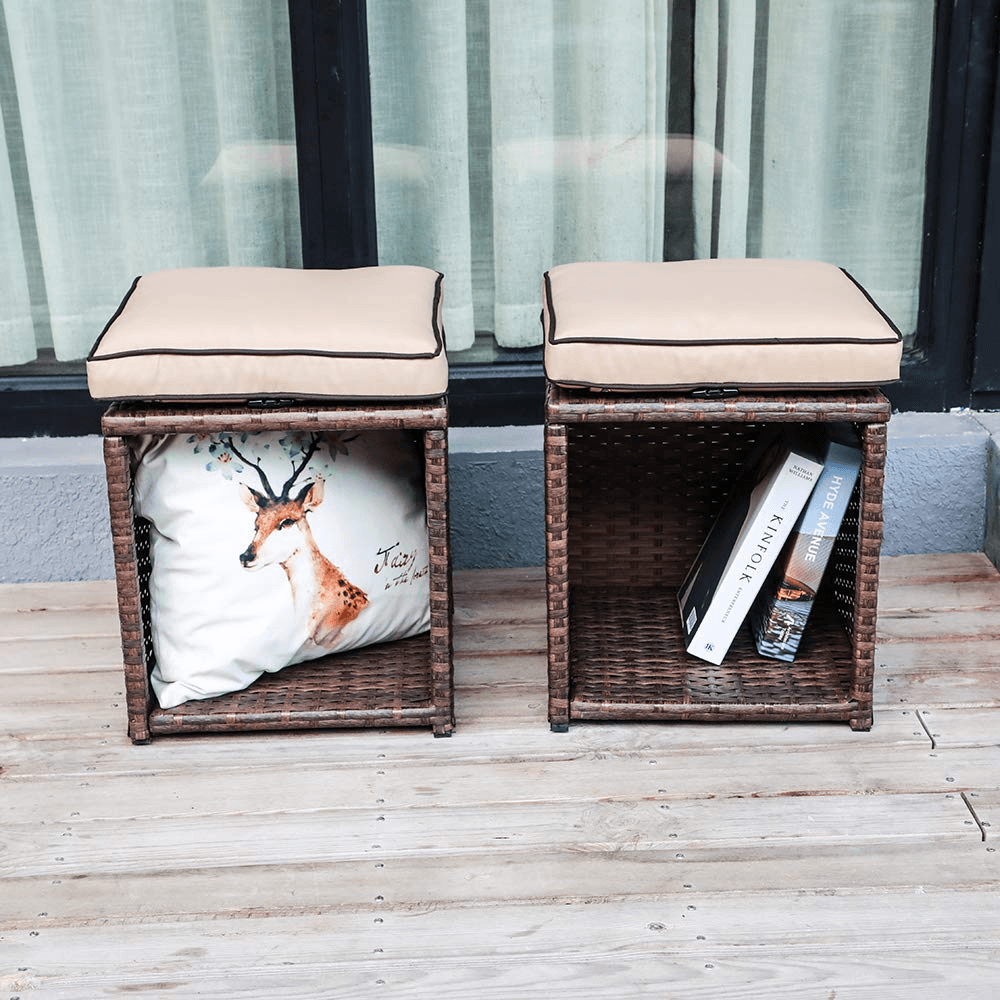 2pcs Outdoor Patio Ottoman Rattan Storage Ottoman with Beige Cushions | Orange-Casual