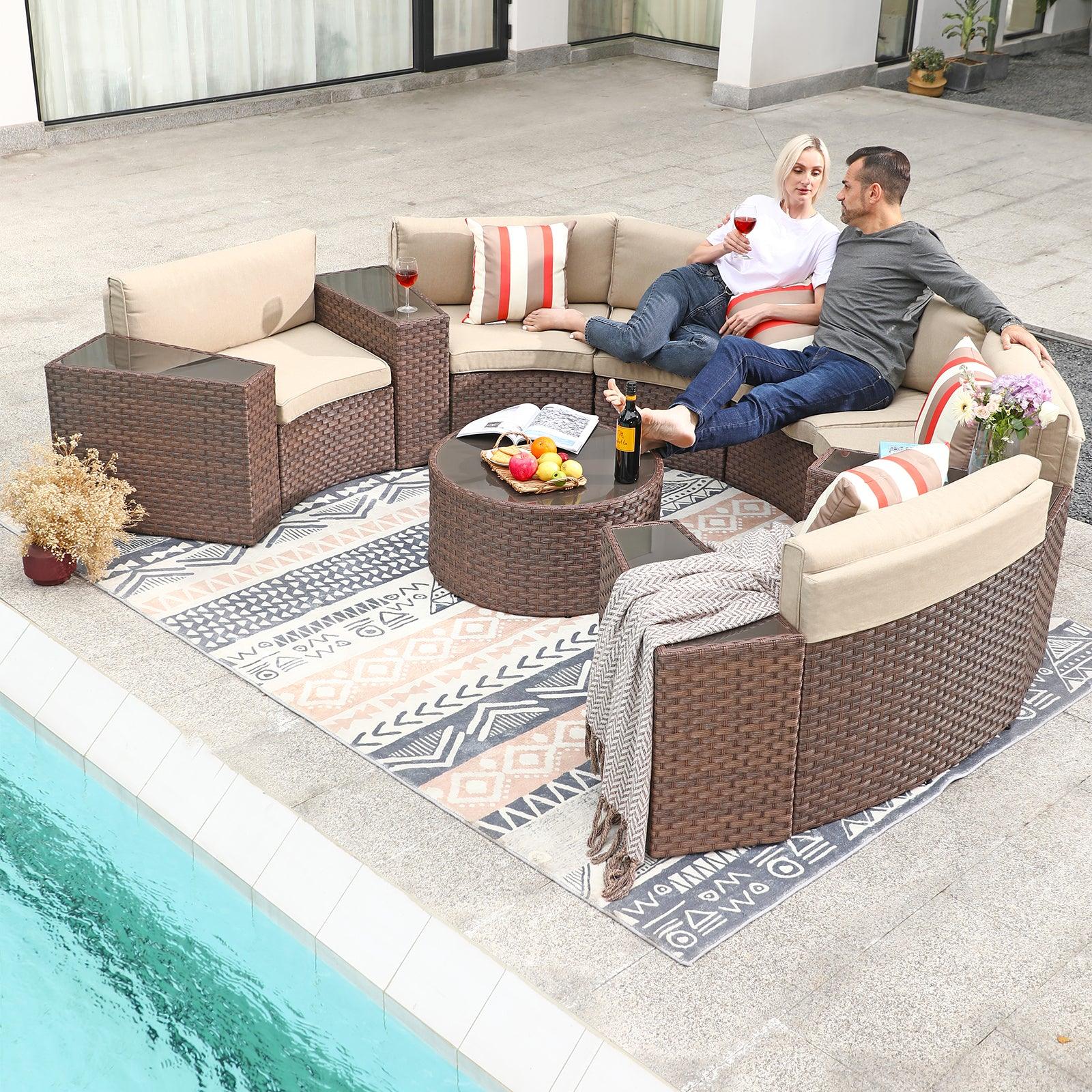 5-13 pcs Curved Outdoor Sectionals, Outdoor Curved Sofas, Brown & Beige | Orange-Casual