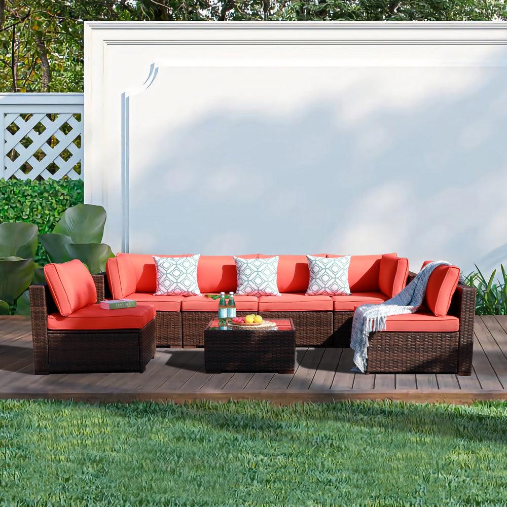 7pcs Patio Outdoor Sectional Set Wicker Furniture Set with Coffee Table | Orange-Casual