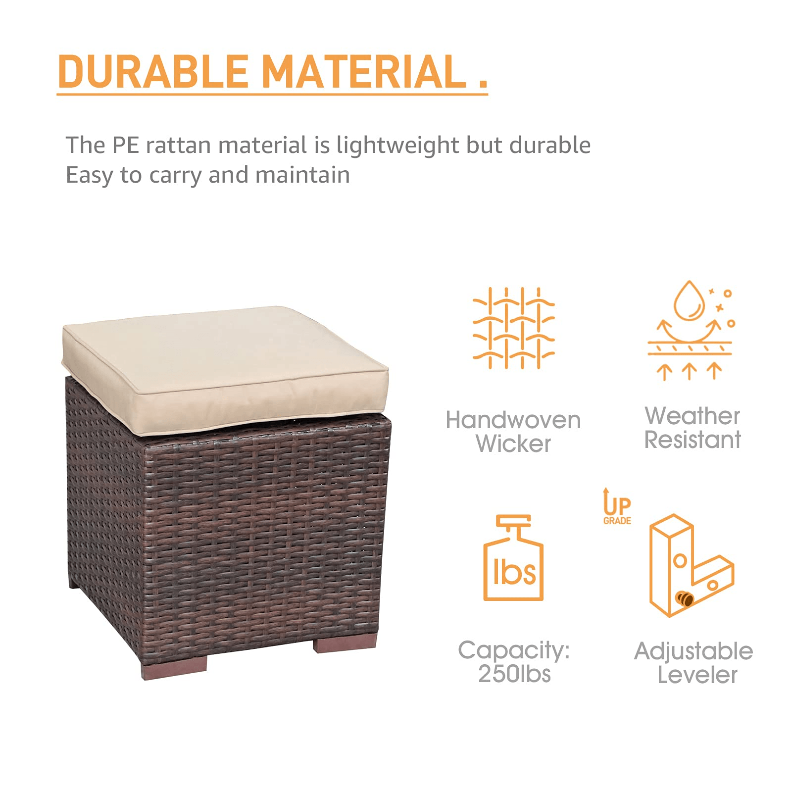 2pcs Outdoor Patio Ottoman Beige Patio Stools with Cushions  | Orange-Casual