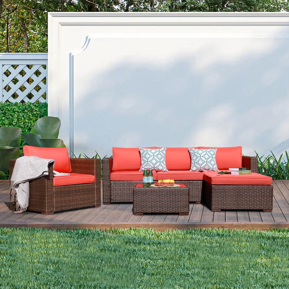 Wicker Outdoor Sectional Set Modular Patio Sofa Set with Orange Cushions | Orange-Casual