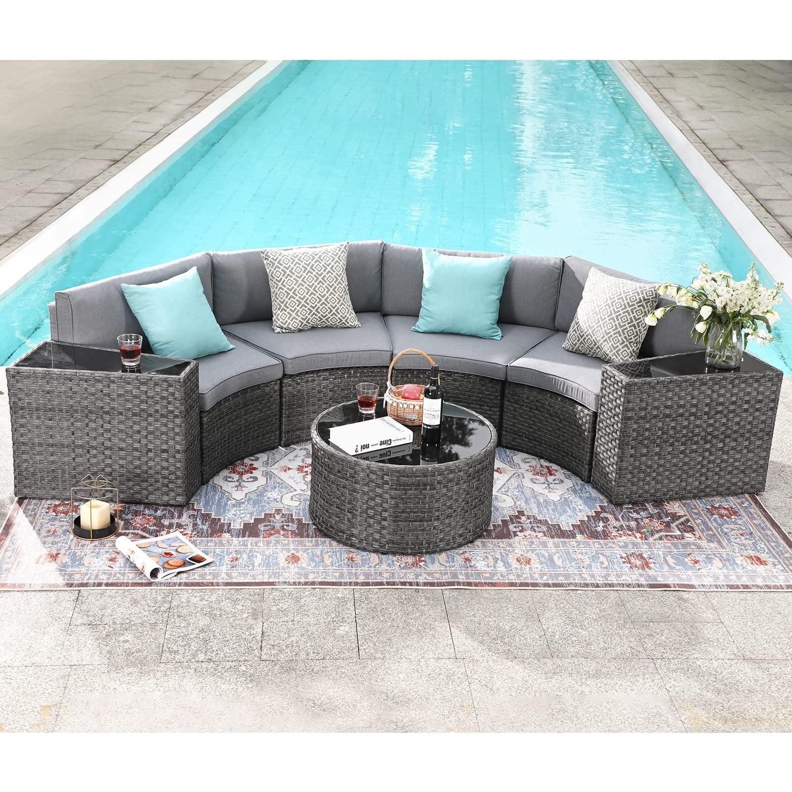 7-13 pcs Outdoor Curved Sofas Wicker Outdoor Half-Moon Sectional Set, Grey | Orange-Casual