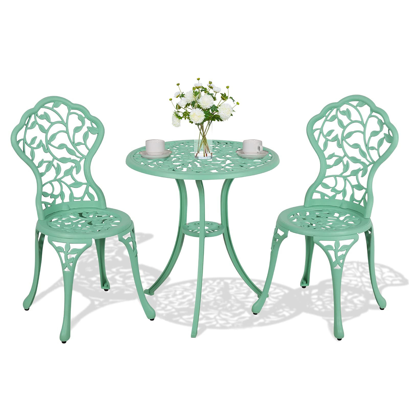 3pcs Cast Aluminum Patio Bistro Set Antique Finish Conversation Set, Teal | Orange-Casual