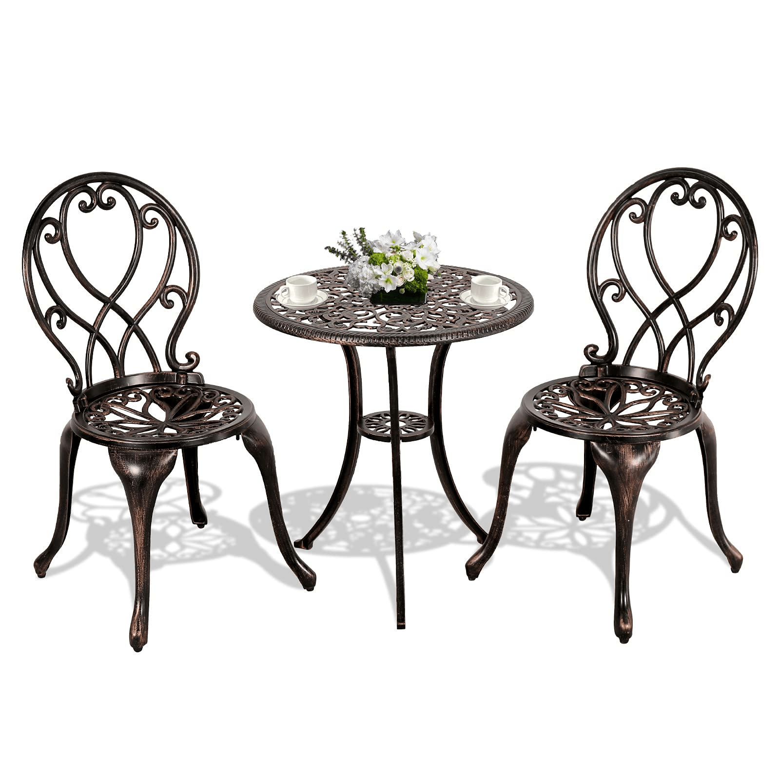3pcs Patio Bistro Set Cast Aluminum Conversation Set Bronze Chairs & Table | Orange-Casual