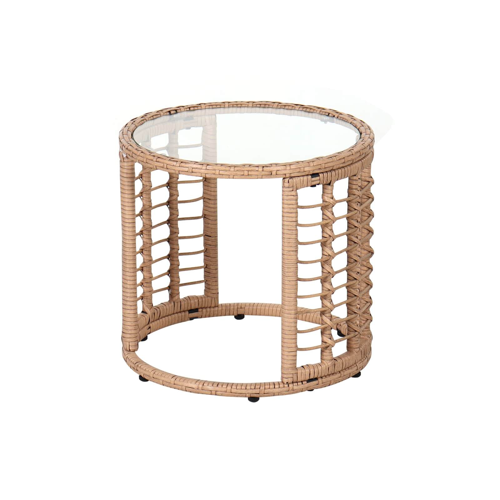Outdoor All-Weather Round Coffee Table Wicker Patio End Table with Glass Top, Beige | Orange-Casual