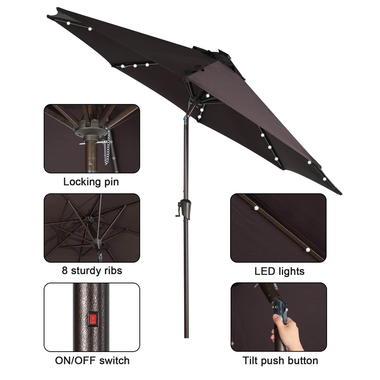 9ft Patio Umbrella with LED Lights Polyester Umbrella with Tilt and Crank, 5 Colors | Orange-Casual