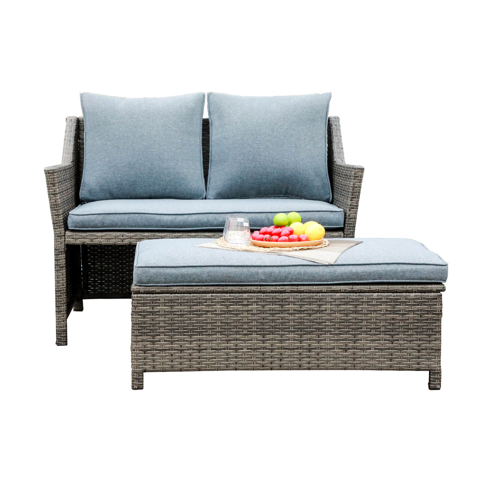 2pcs Loveseat Set with Storage Bin Wicker Outdoor Conversation Set