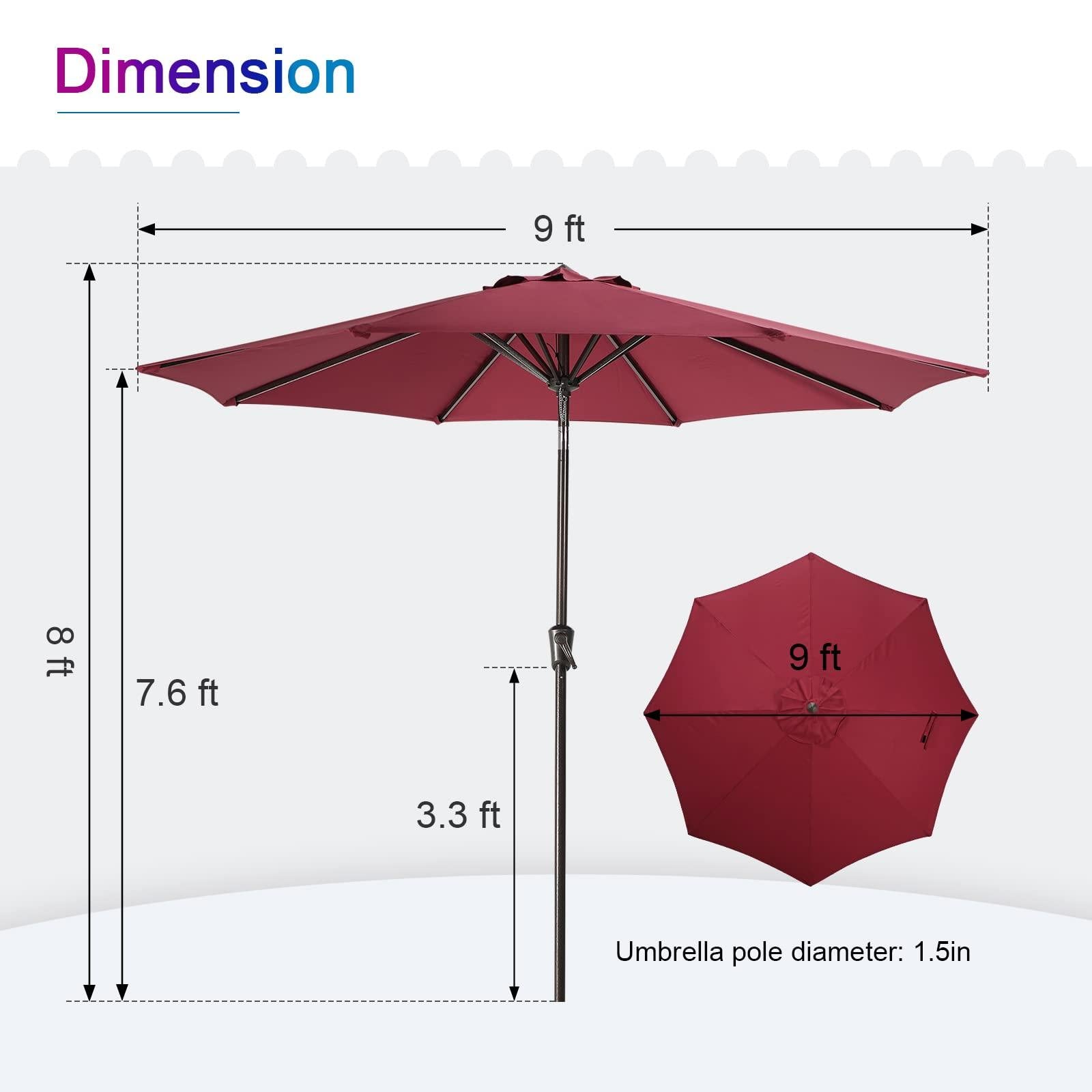 9ft Round Patio Umbrella, Polyester 8 Steel Ribs Large Table Market Umbrella, 5 Colors | Orange-Casual