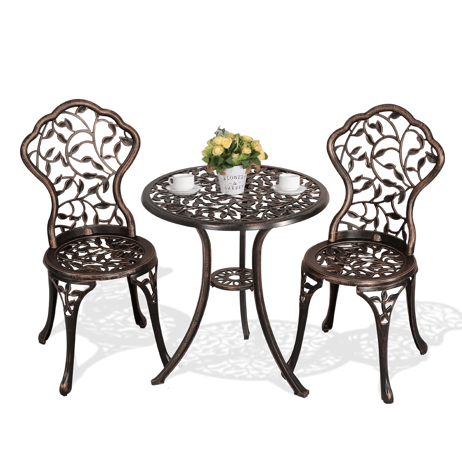 3pcs Cast Aluminum Patio Bistro Set Copper Antique Finish Table & Chairs | Orange-Casual