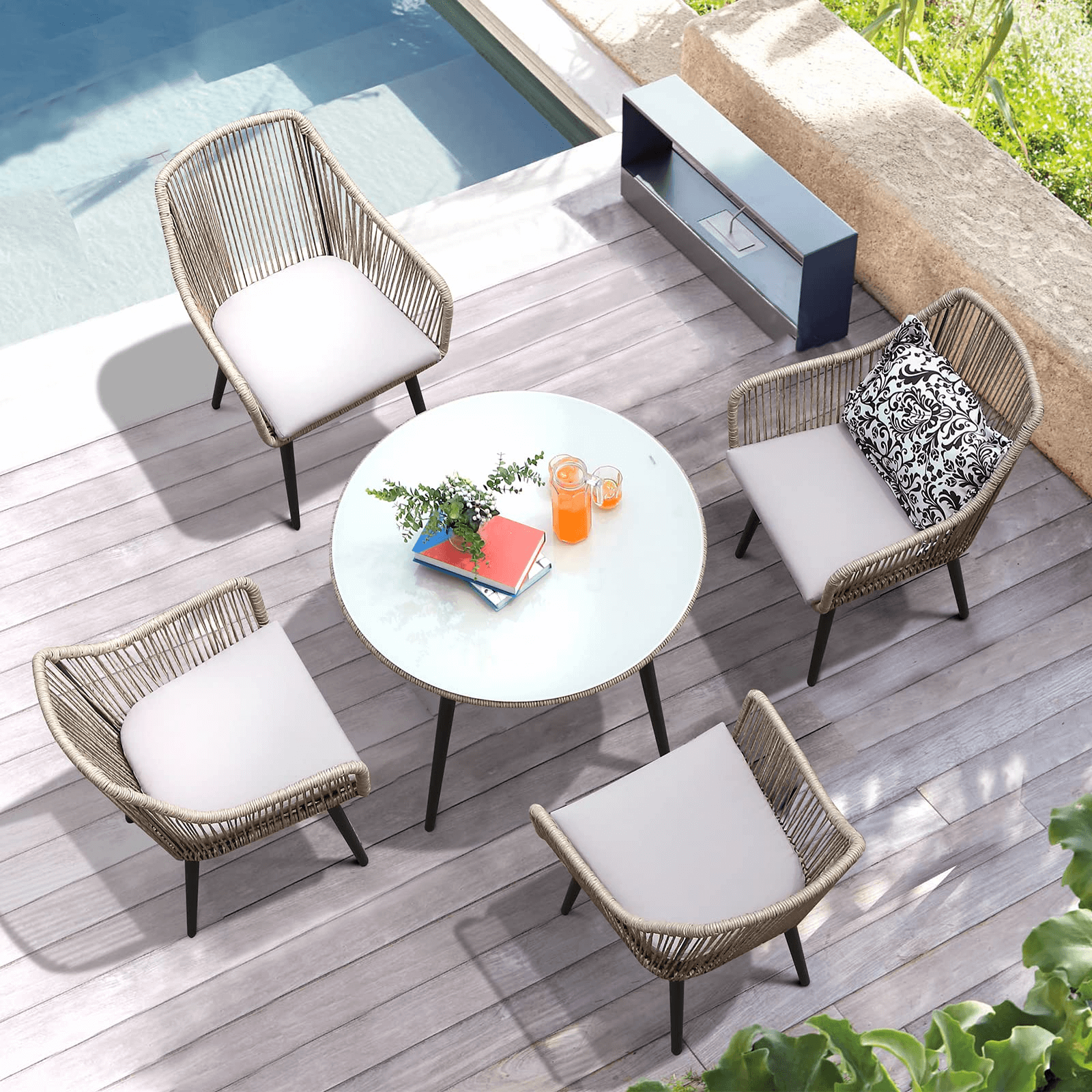 5pcs Outdoor Patio Bistro Set Light Grey Wicker Dining Furniture With 2'' Umbrella Hole | Orange-Casual