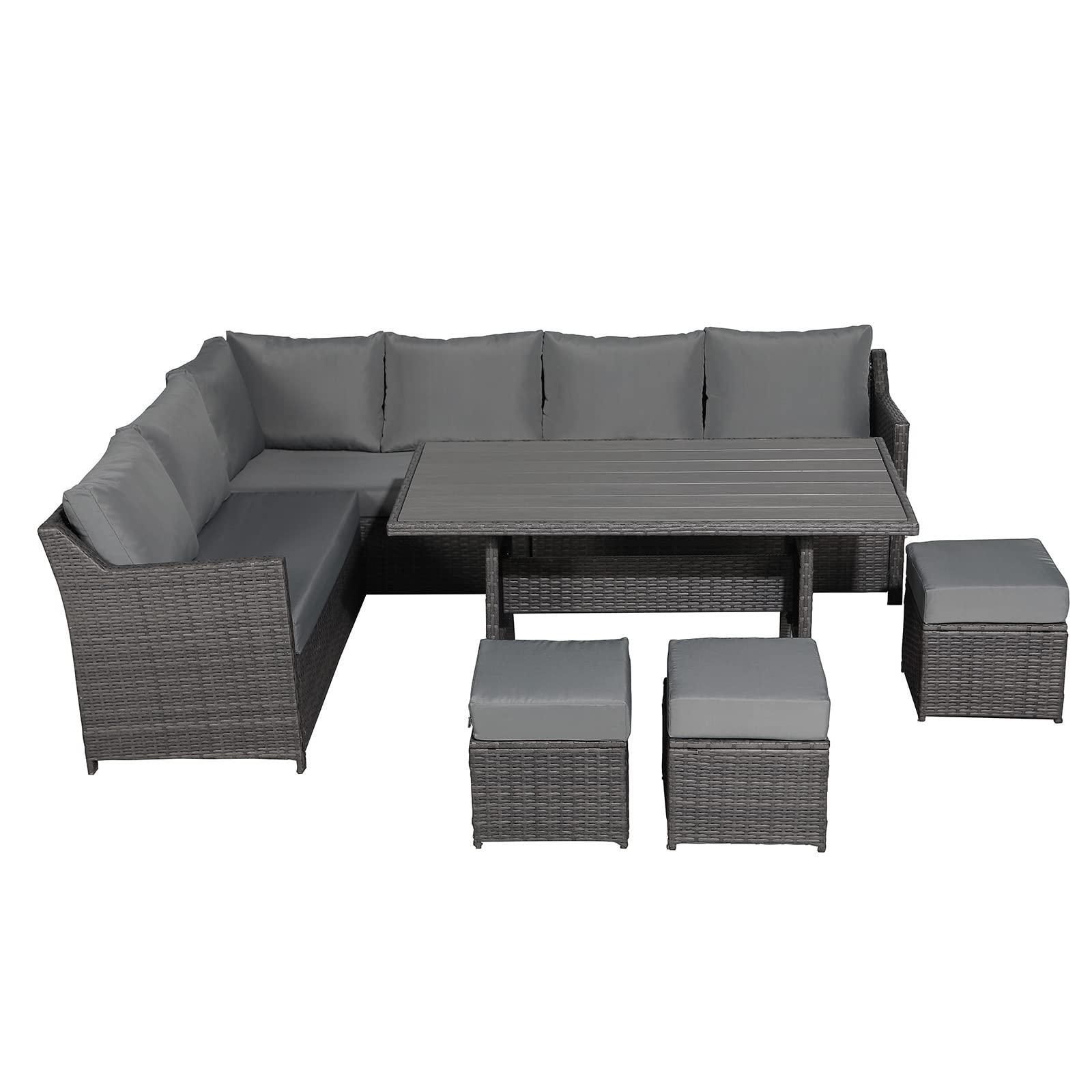 7pcs Patio Furniture Set, Wicker Outdoor Dining Sectional Sofa Set, Grey  | Orange-Casual