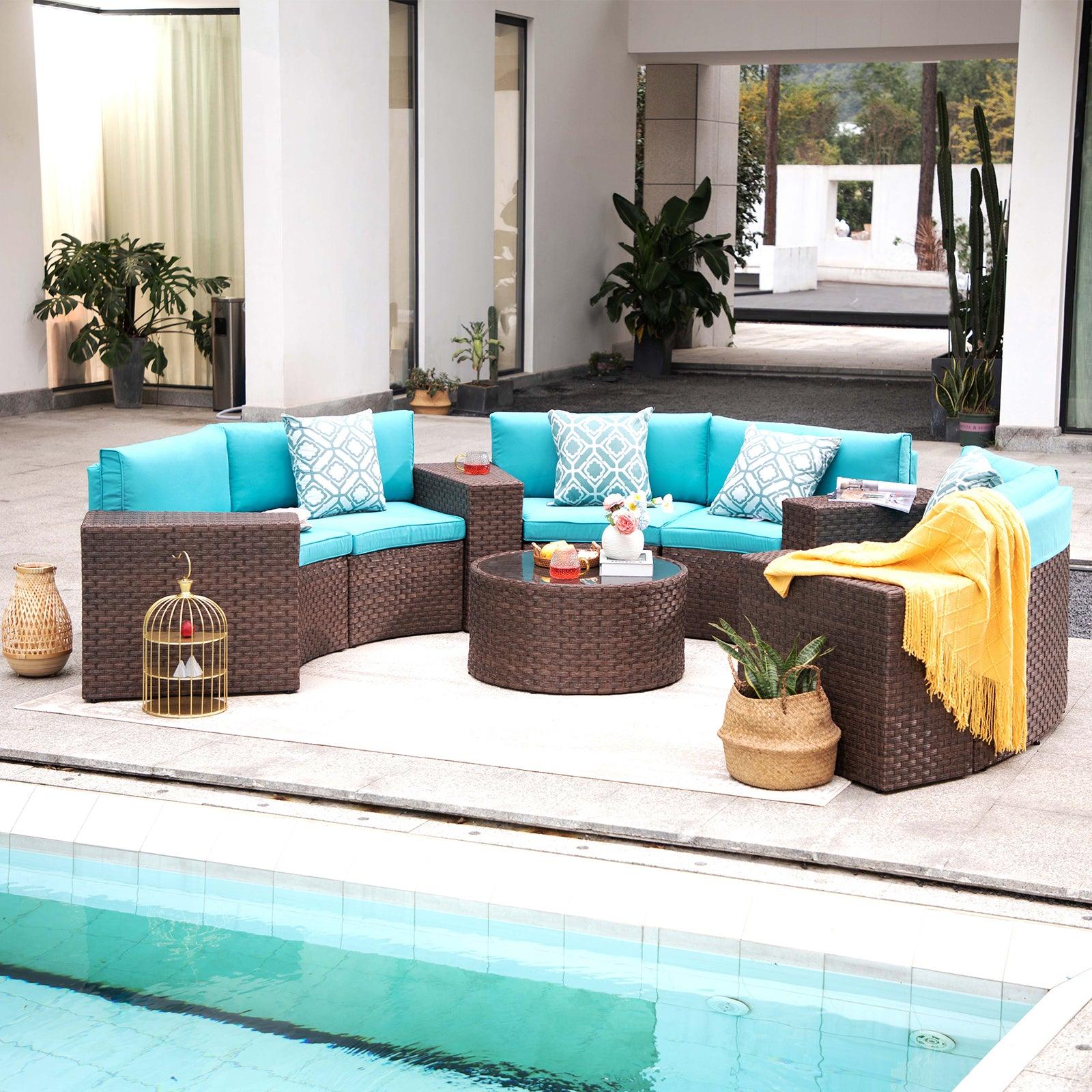 5-13 pcs Outdoor Curved Sofas Wicker Curved Outdoor Sectional, Brown & Turquoise | Orange-Casual