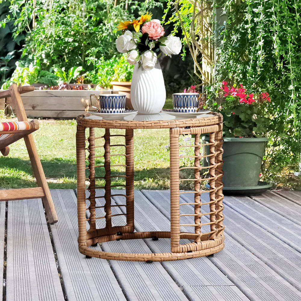 Outdoor Round Coffee Table Wicker Patio End Table with Glass Top, Beige