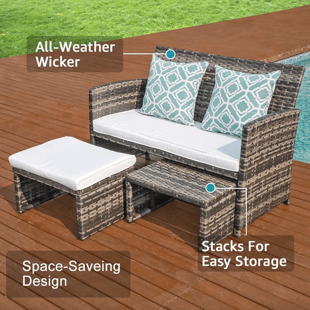 3pcs Small All Weather Wicker Outdoor Loveseat with Ottomans | Orange-Casual
