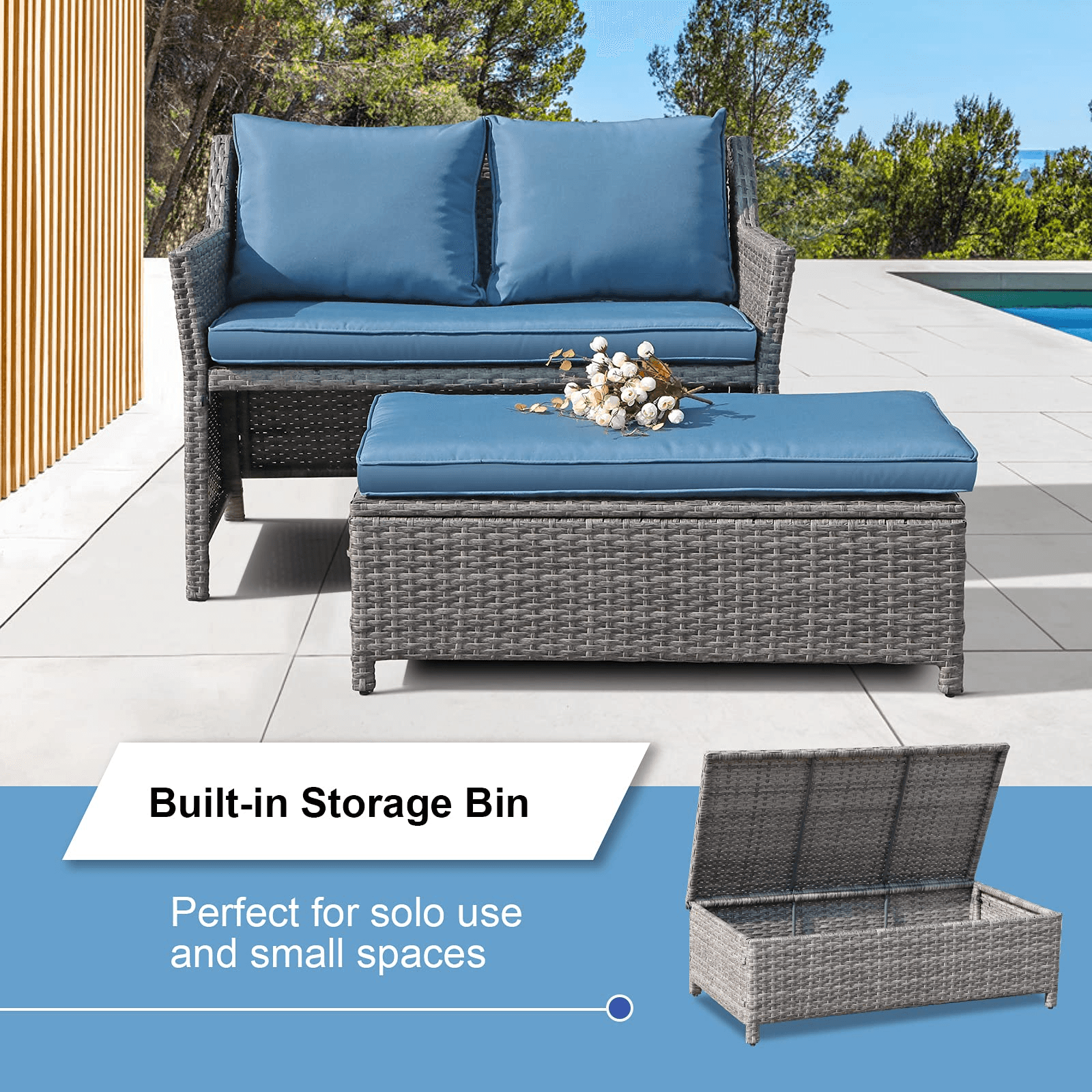 2pcs Loveseat Set with Storage Bin Wicker Outdoor Conversation Set | Orange-Casual