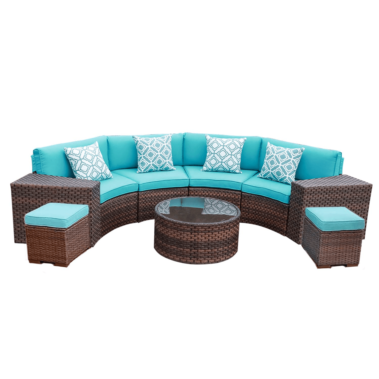 9pcs Outdoor Curved Sofas Wicker Half-Moon Sectional Set, Turquoise | Orange-Casual