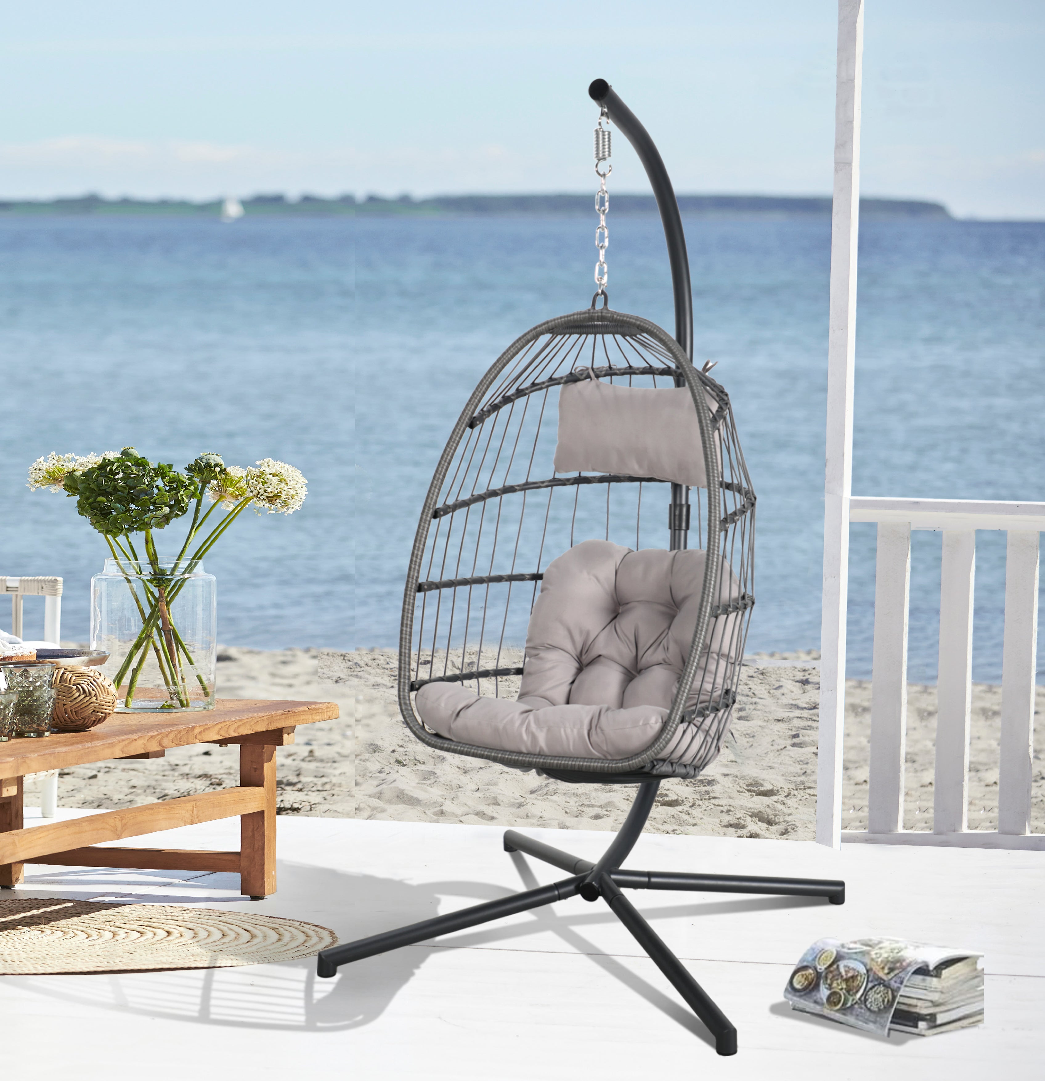 Wicker Hanging Egg Chair with Stand, Steel Folding Egg Chirs, 5 Colors