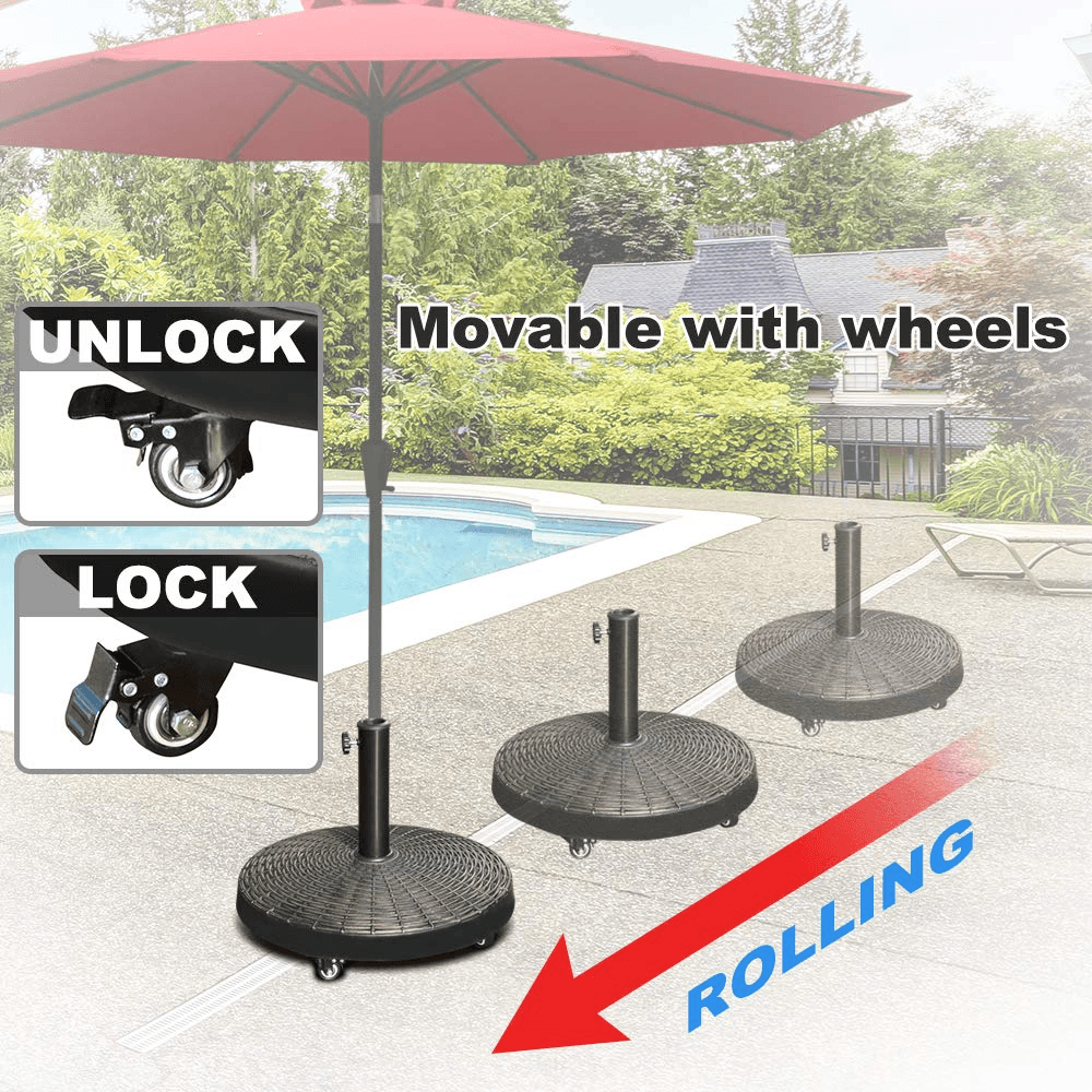 Patio Umbrella Base with Wheels,  Resin Heavy-Duty Stand Weights for Outdoor Market Umbrella, 52lbs, Bronze | Orange-Casual