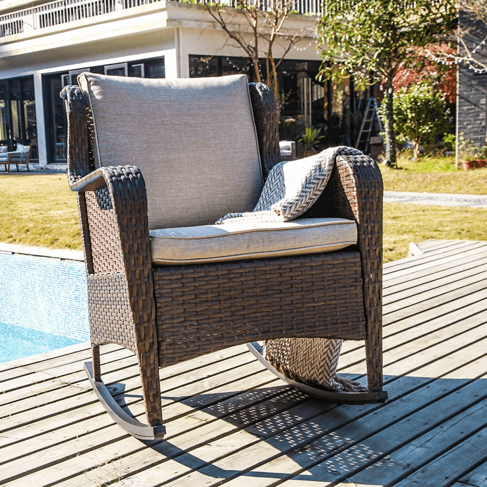 Wicker Patio Rocking Chair Brown Porch Rocking Chair with Beige Cushion | Orange-Casual