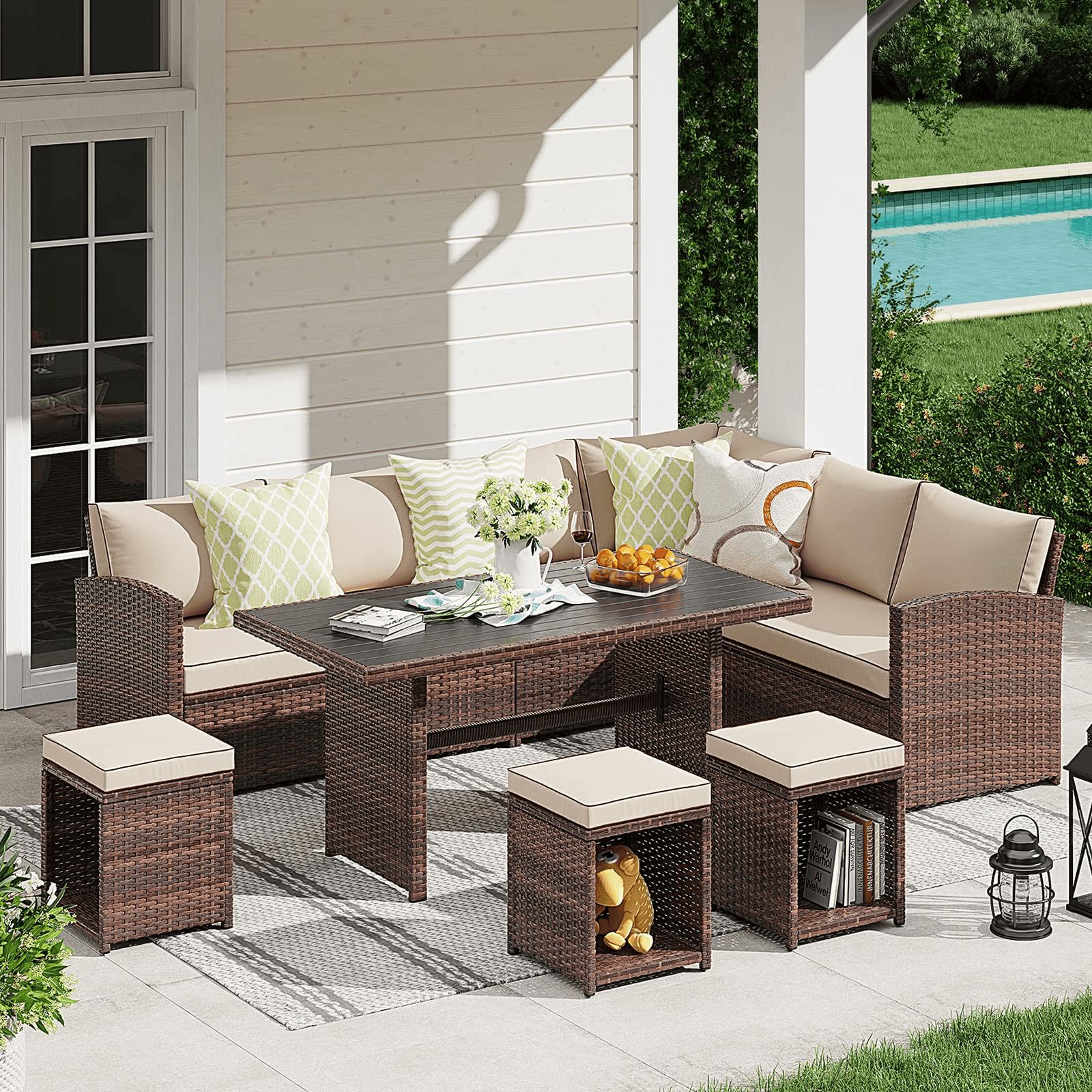7pcs Outdoor Dining Set Wicker Patio Sectinal Set with Dining Table Orange Casual