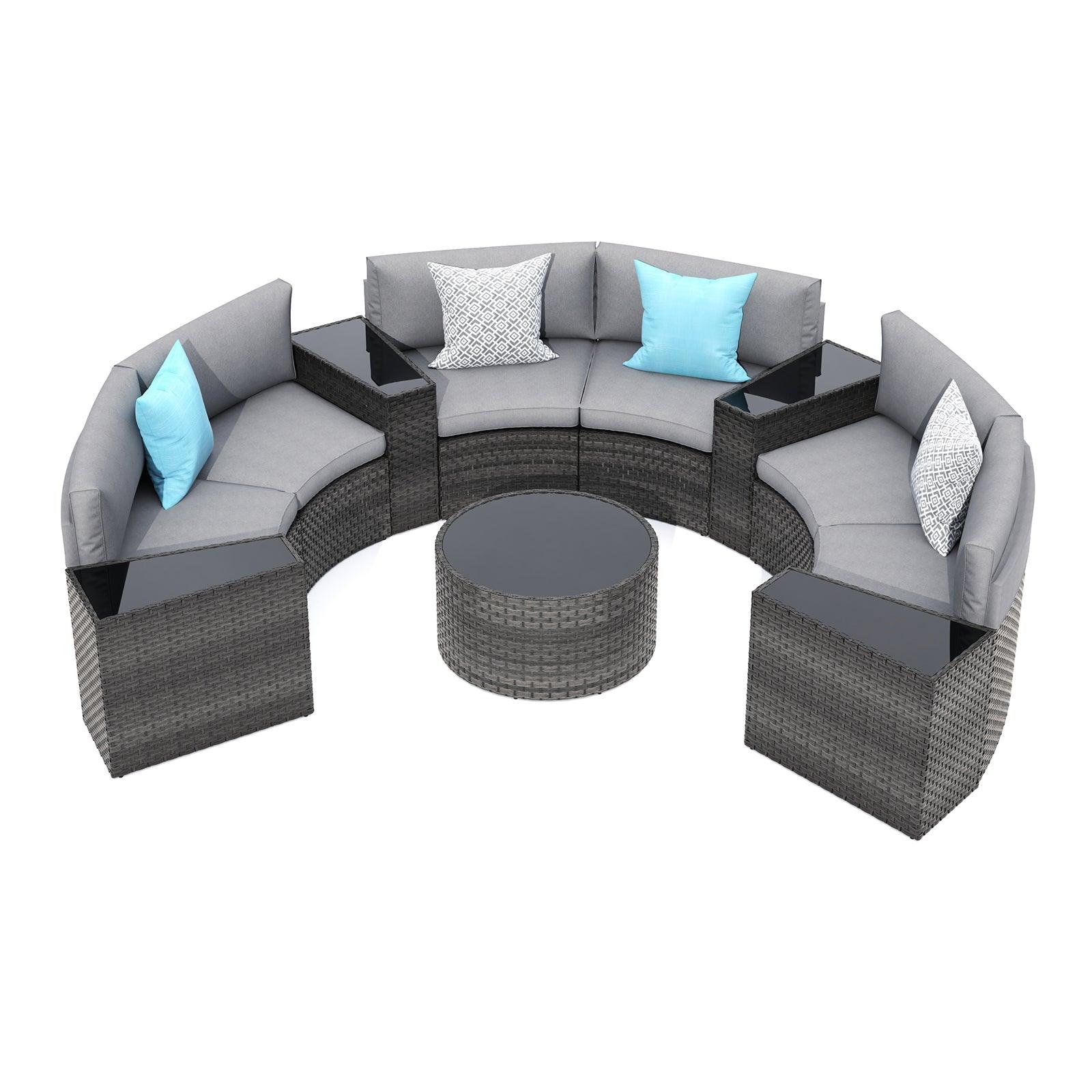 11pcs Outdoor Curved Sofas Wicker Outdoor Half-Moon Sectional Set, Grey | Orange-Casual
