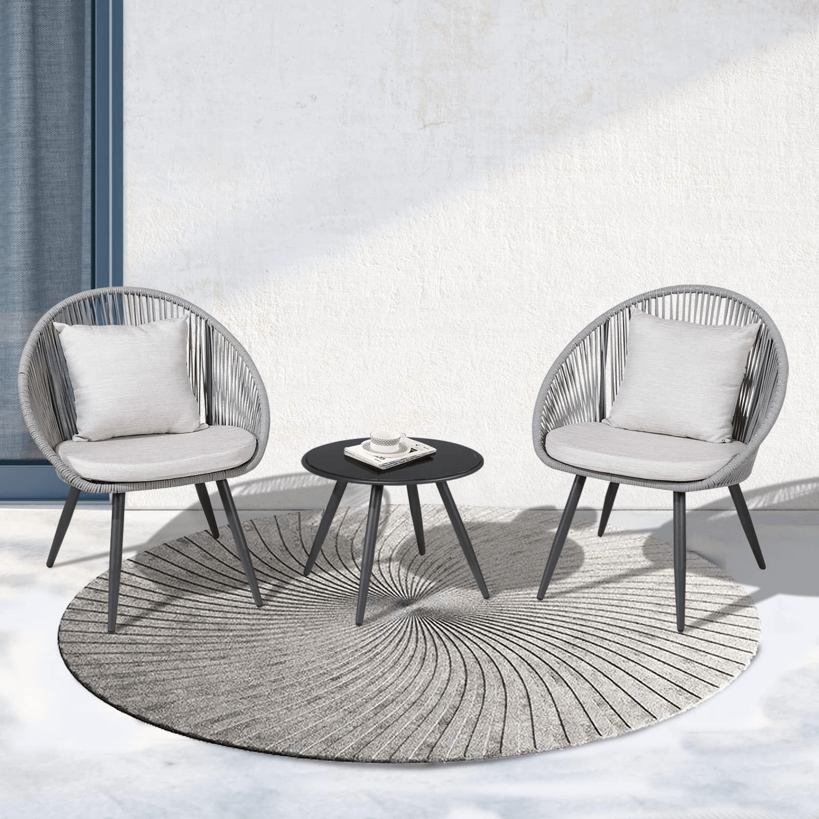3pcs Patio Bistro Set Woven Rope Balcony Furniture Set, Grey & Black | Orange-Casual
