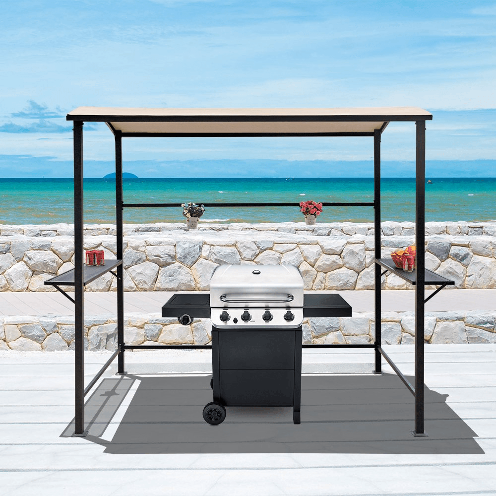 Grill Gazebo with Single-Tier Soft Polyester Top and Metal Shelves, 8’by 4.6', Beige | Orange-Casual
