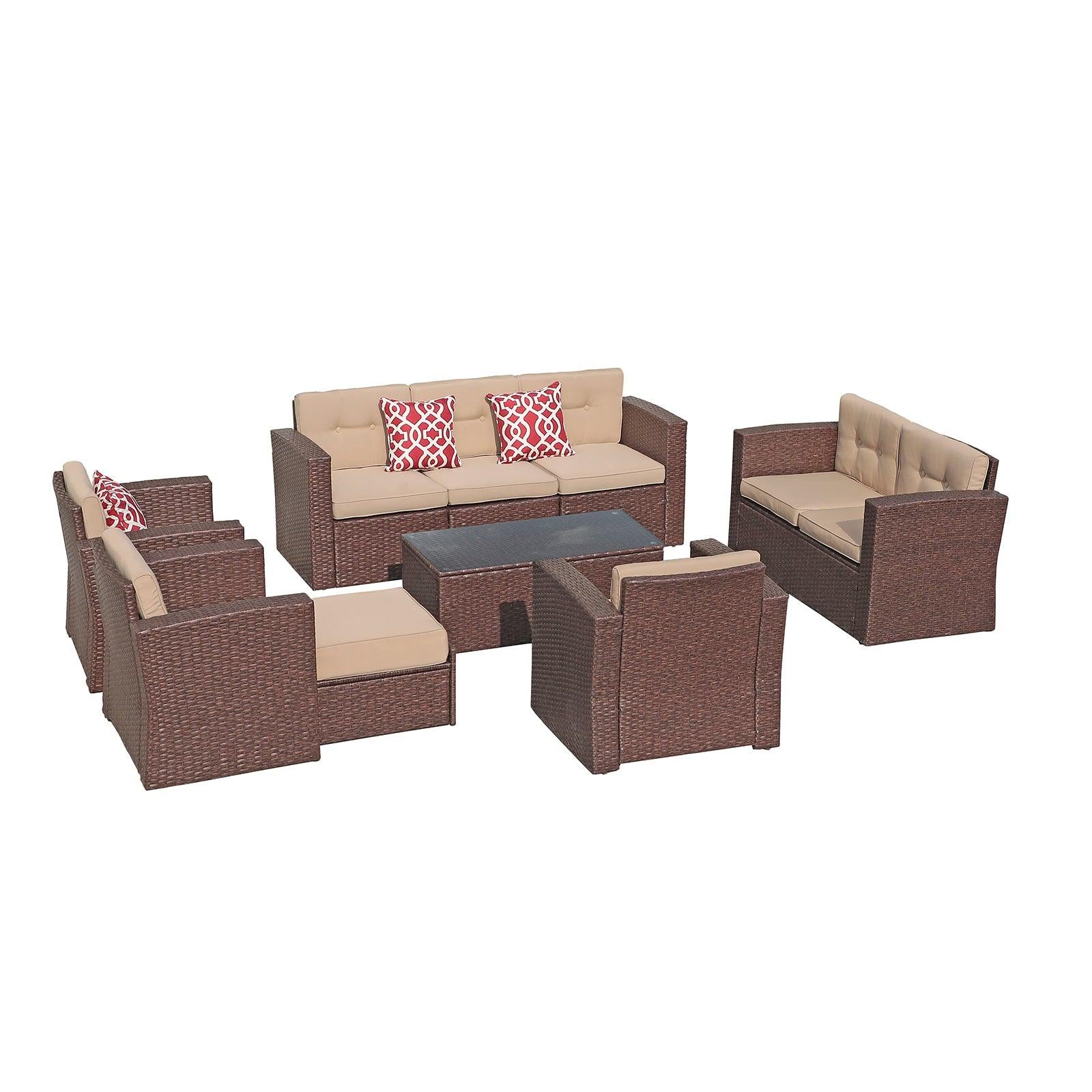 9pcs Wicker Outdoor Sectioanl Set with Loveseat Lounge Coffee Table | Orange-Casual
