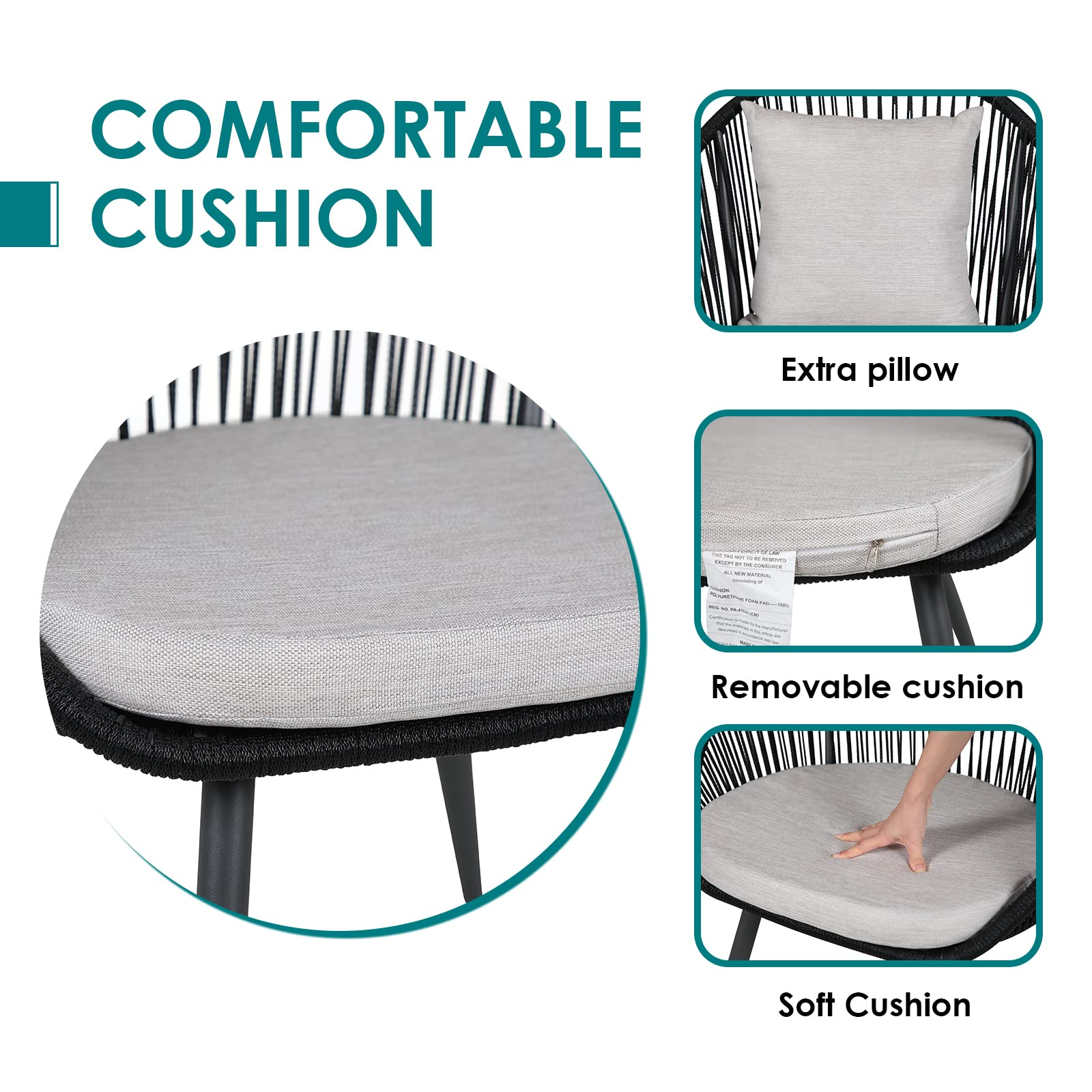 3pcs Patio Bistro Set Woven Rope Balcony Furniture Set, Grey & Black | Orange-Casual