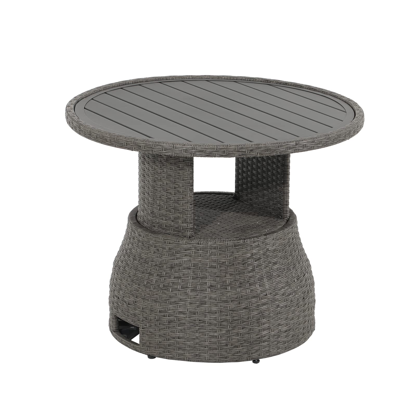 33in Wicker Dining Table, Outdoor Patio Lift Coffee Table, Round Side Table with Aluminum Tabletop, Grey