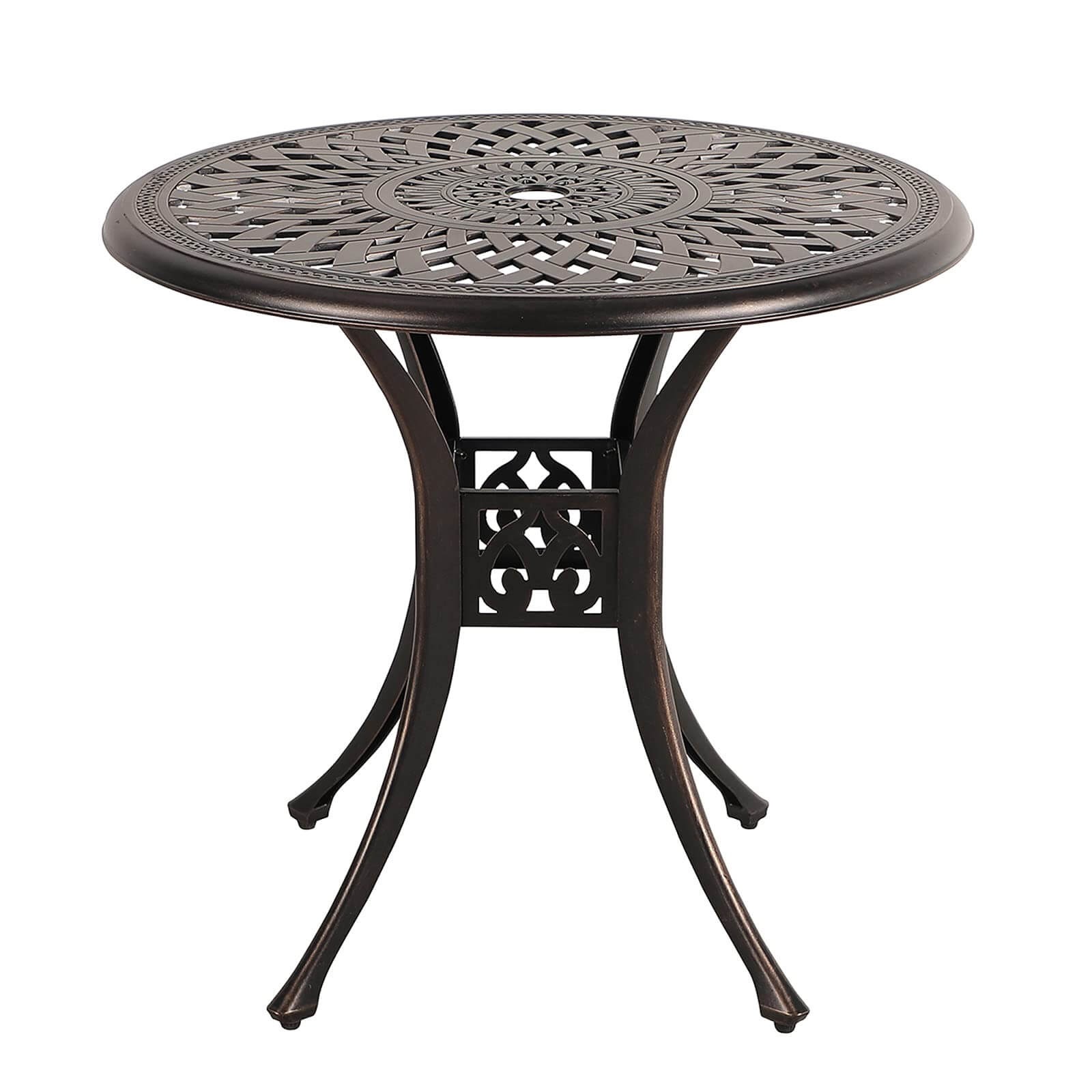 Patio Bistro Table, 31’’ Round Cast Aluminum Outdoor Dining Retro Side Table with 2’’ Umbrella Hole, Bronze