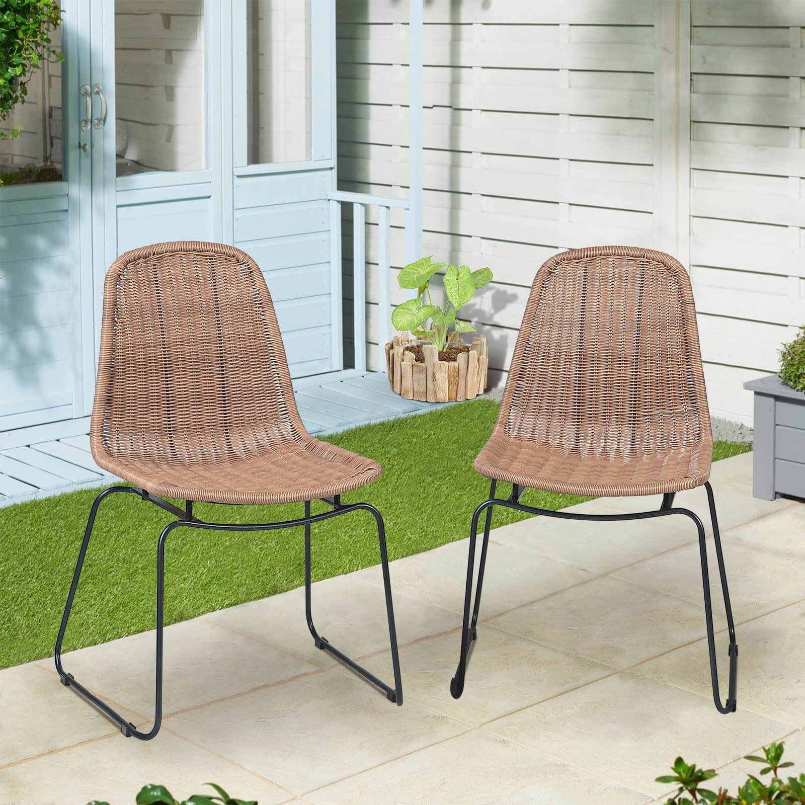 Outdoor Wicker Chairs Set of 2, Patio Dining Rattan Armless Chairs with Curved Back 