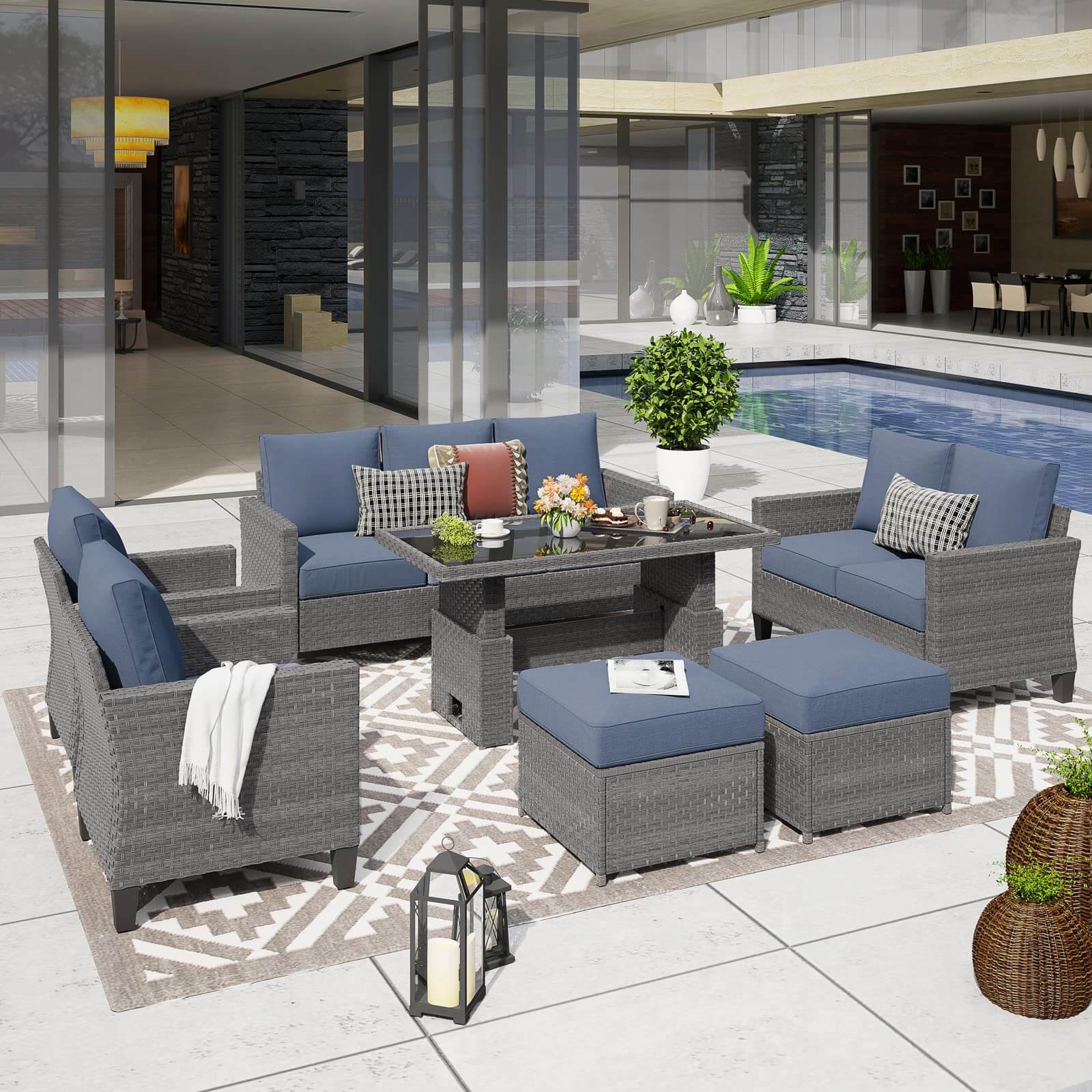 Outdoor Patio Furniture Set Wicker Conversation Set with Lift Coffee Table Sectional Dining Set