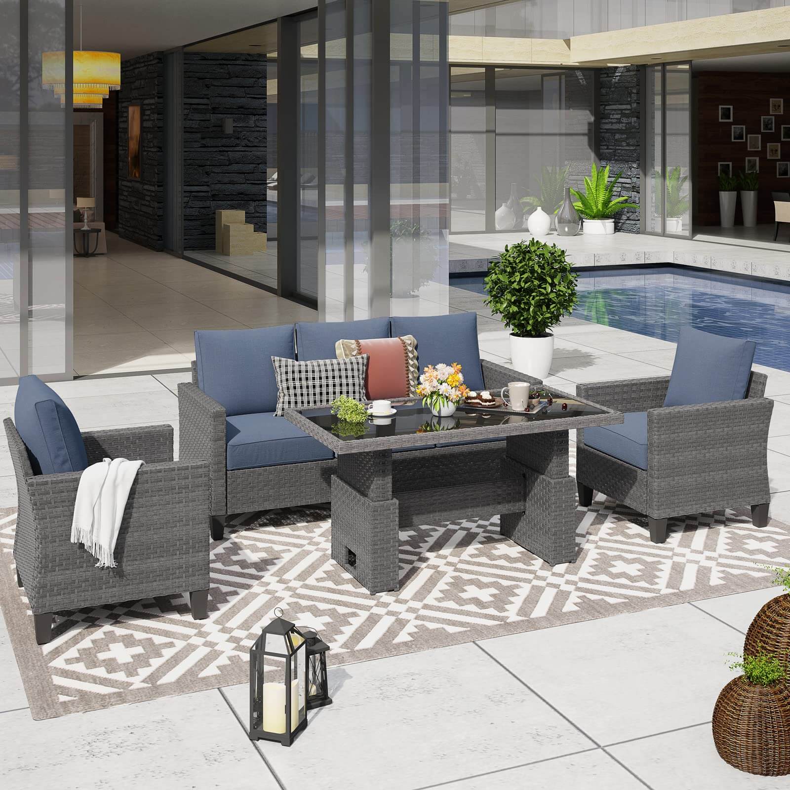 Outdoor Patio Furniture Set Wicker Conversation Set with Lift Coffee Table Sectional Dining Set