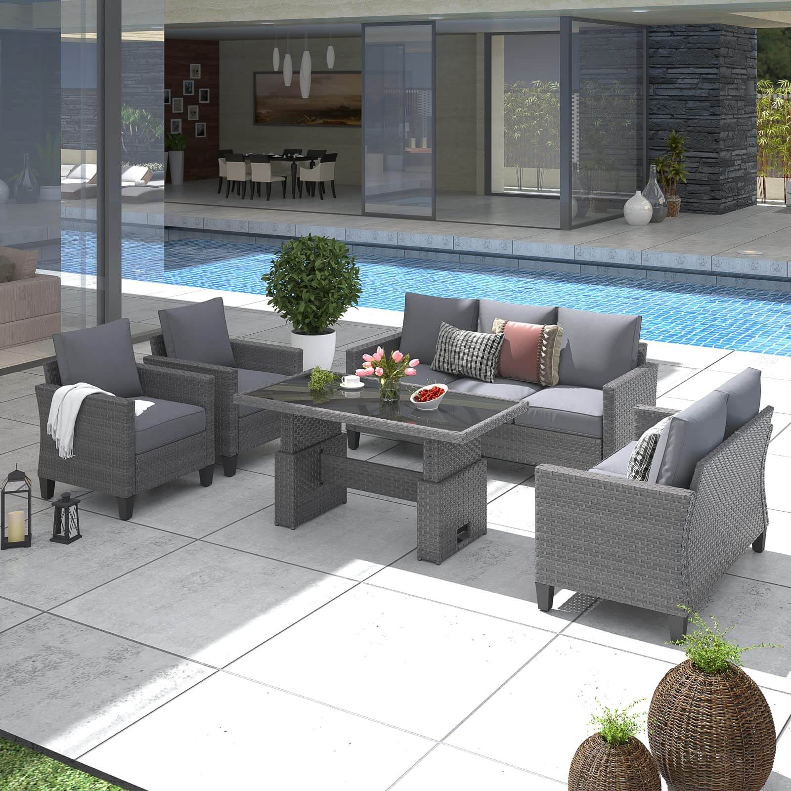 Outdoor Patio Furniture Set Wicker Conversation Set with Lift Coffee Table Sectional Dining Set