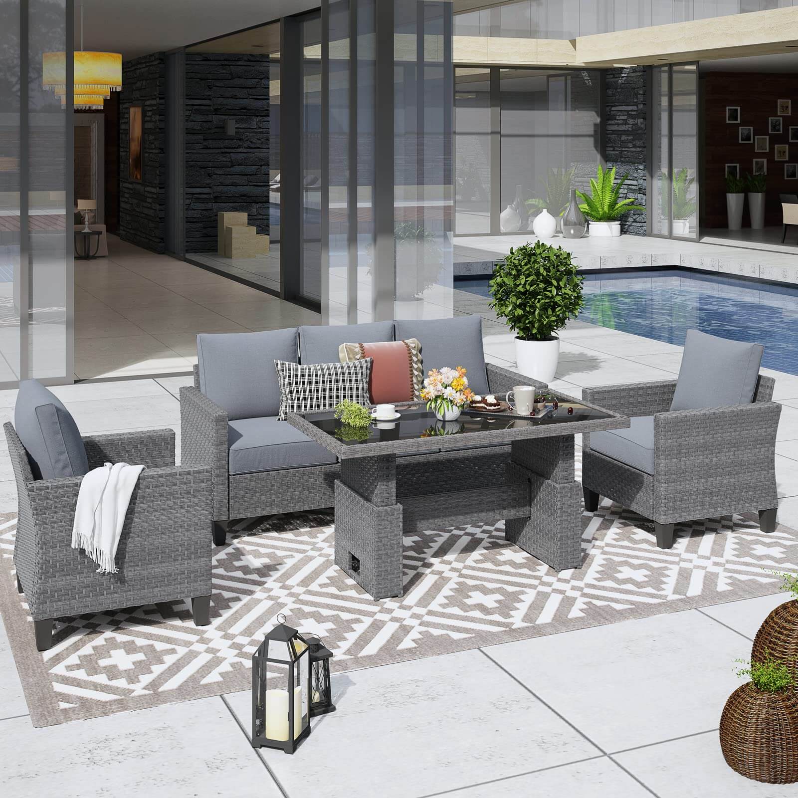 Outdoor Patio Furniture Set Wicker Conversation Set with Lift Coffee Table Sectional Dining Set