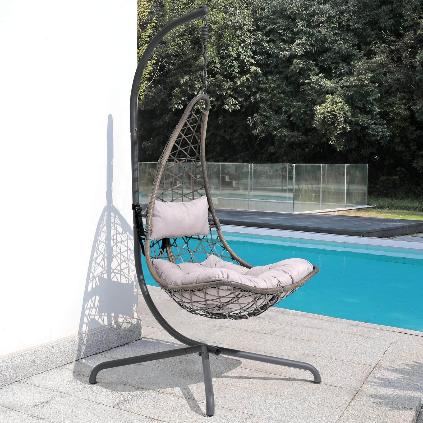 Outdoor Indoor Swing Egg Chair Wicker Hammock Hanging Chair Patio Lounge Chair with Stand and Cushions