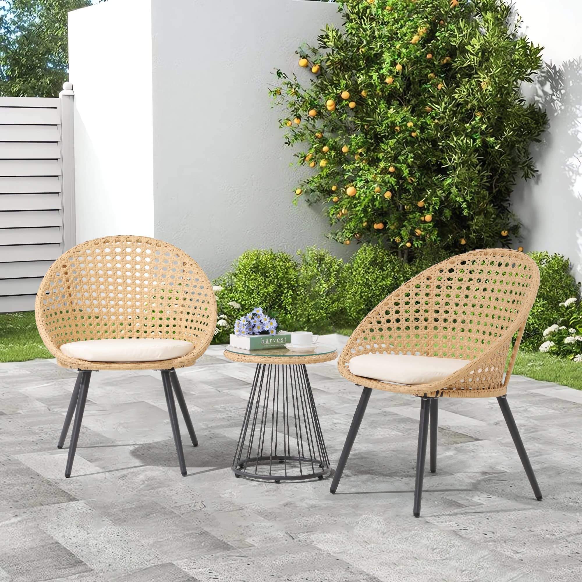 3 Piece Patio Bistro Set, Outdoor Wicker Conversation Balcony Chairs Set with Glass Top Coffee Table