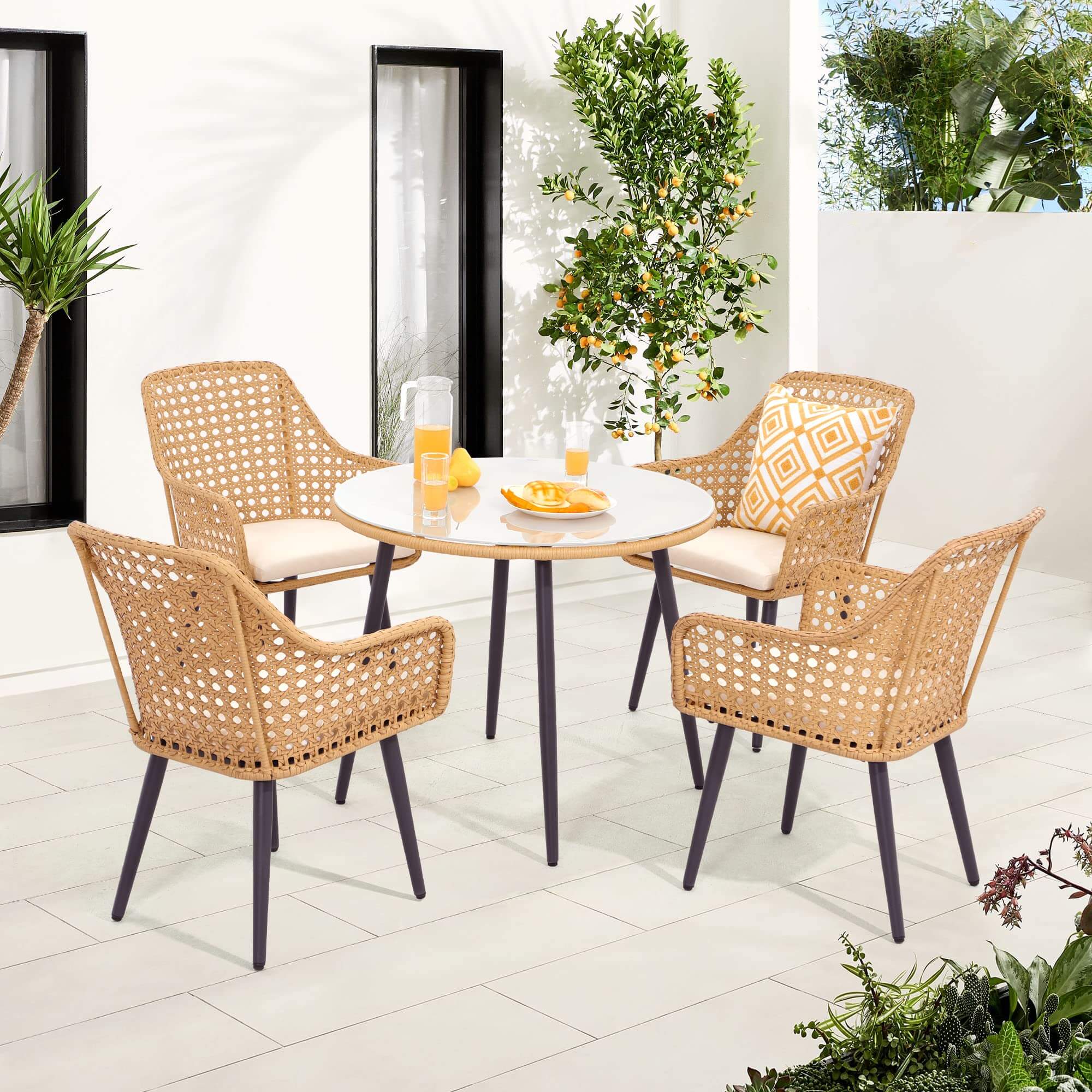  5 Pieces Outdoor Dining Set, All-Weather Wicker Patio Dining Table and Chairs