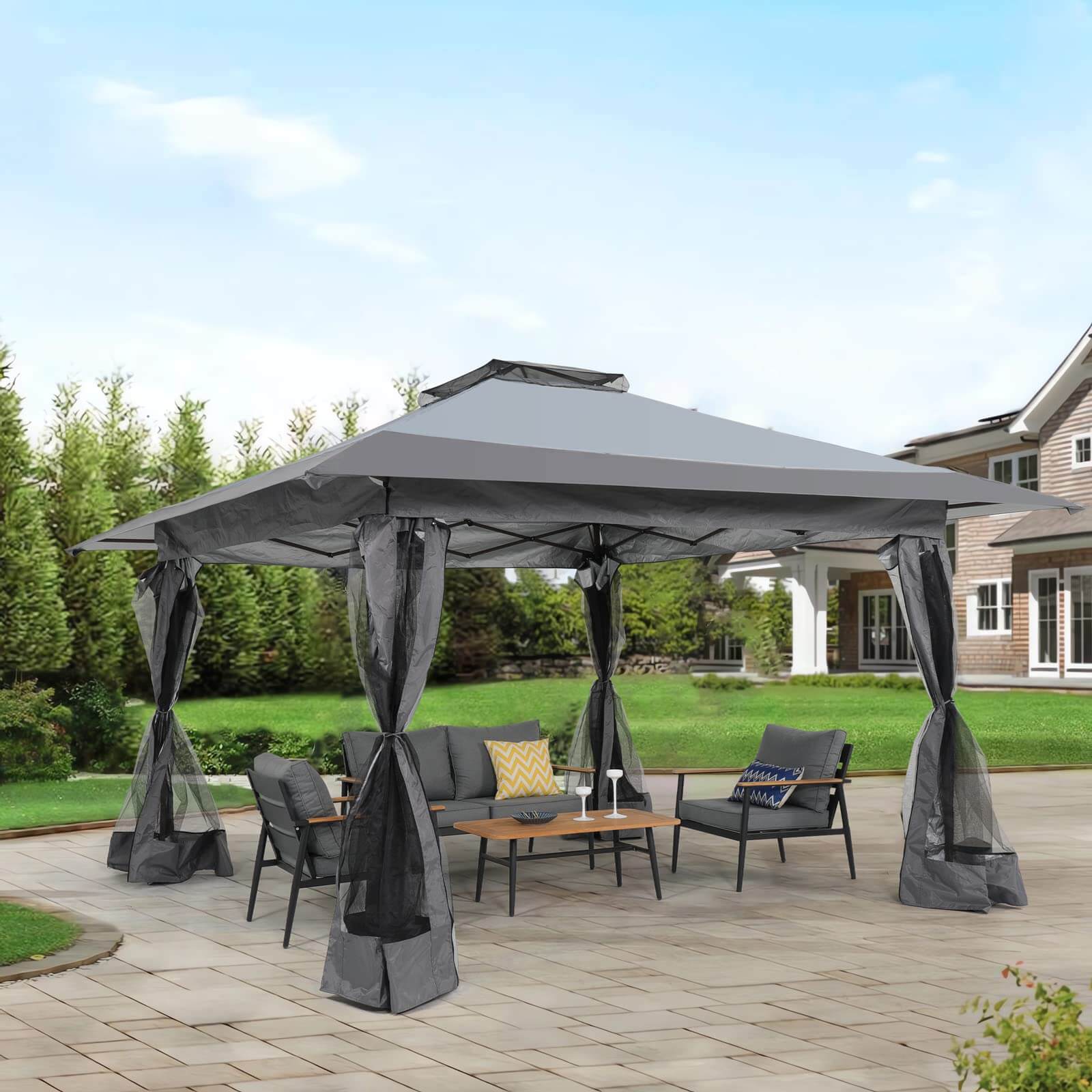 13&rsquo;x13&rsquo; Pop Up Gazebo, Outdoor Canopy Tent Shade with Metal Frame Mosquito Netting