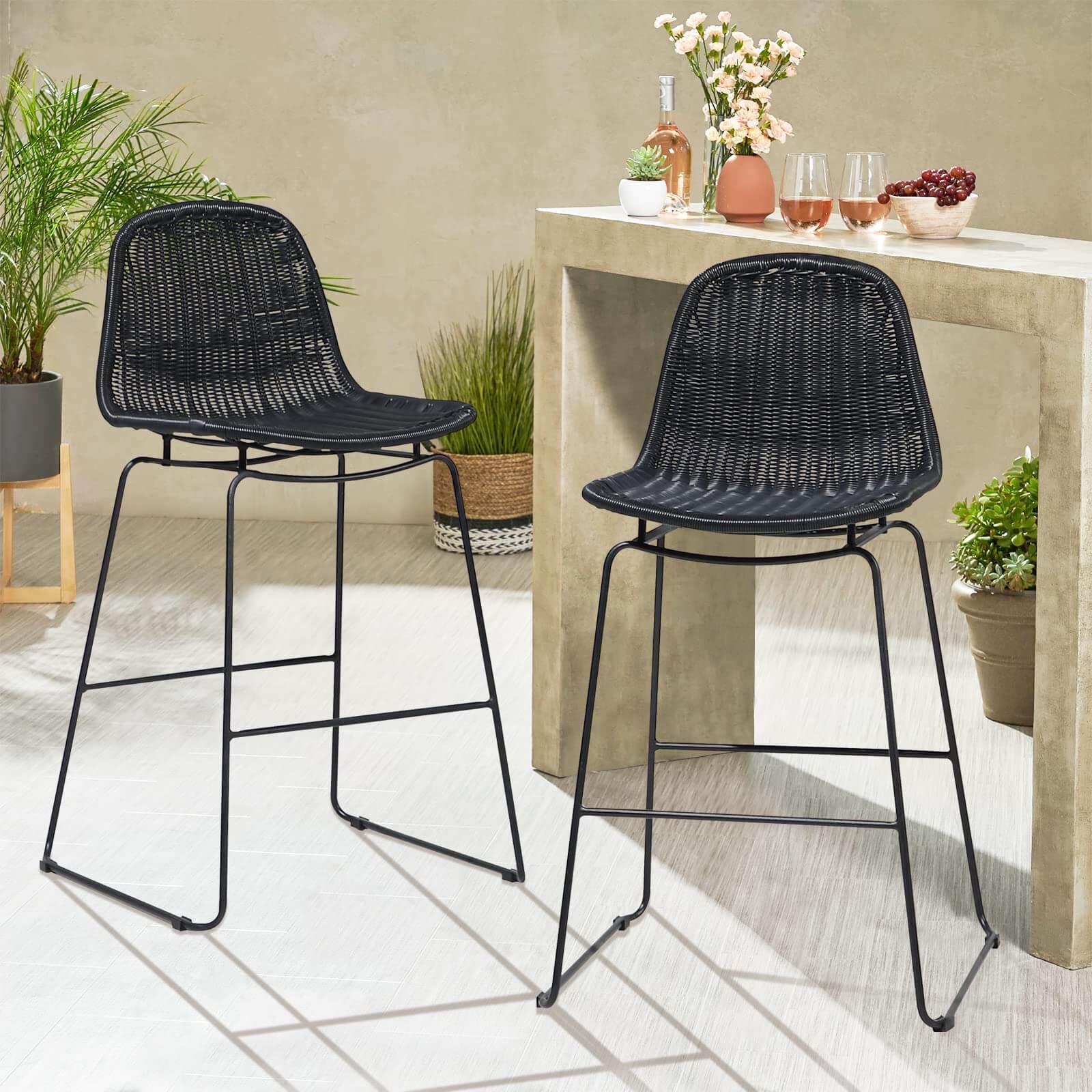 Patio Bar Stools, Outdoor Wicker Bar Stools with Back Footrest, All-Weather Metal Frame