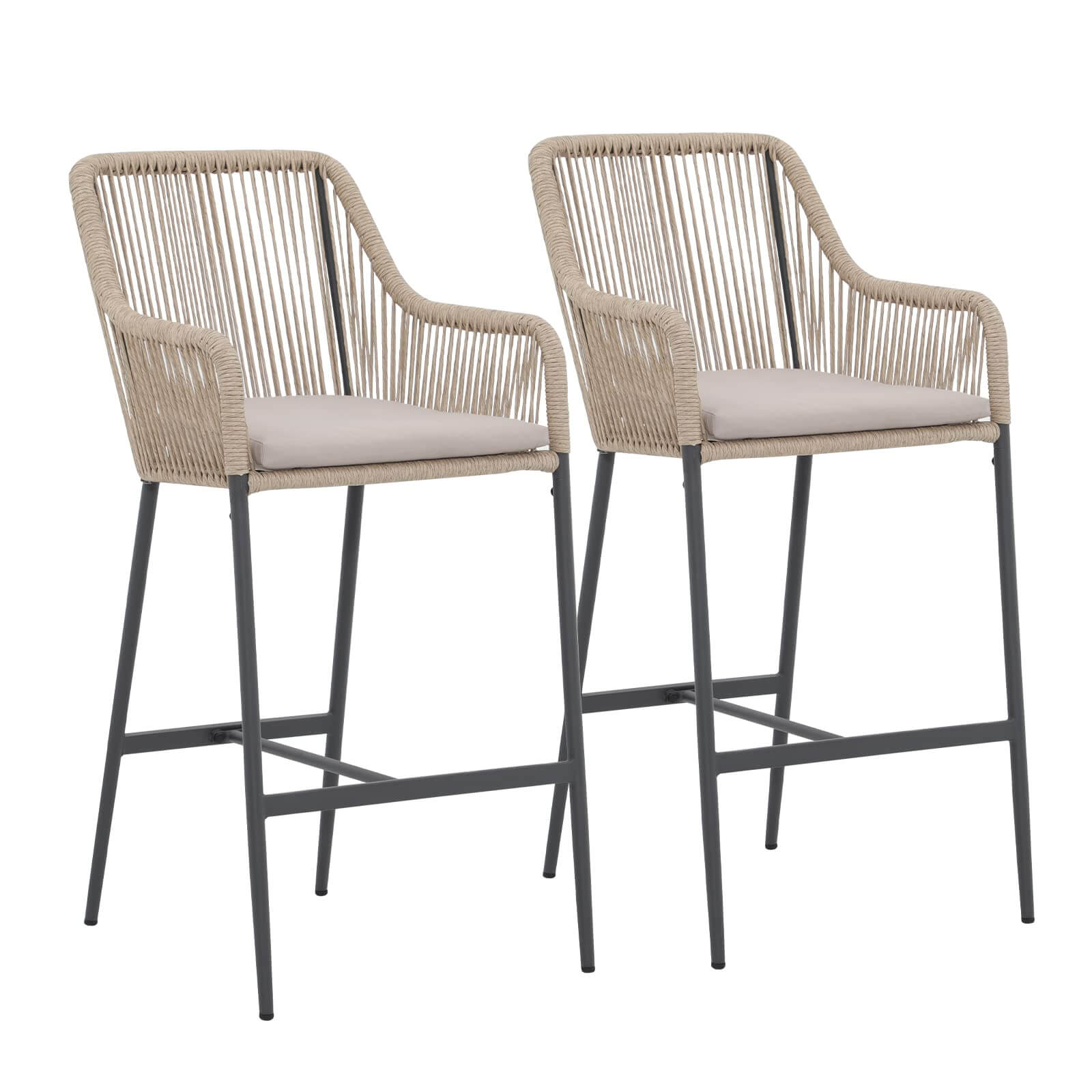 Bar Stools Set of 2, Patio Outdoor Rattan Bar Height Chairs with Cushions