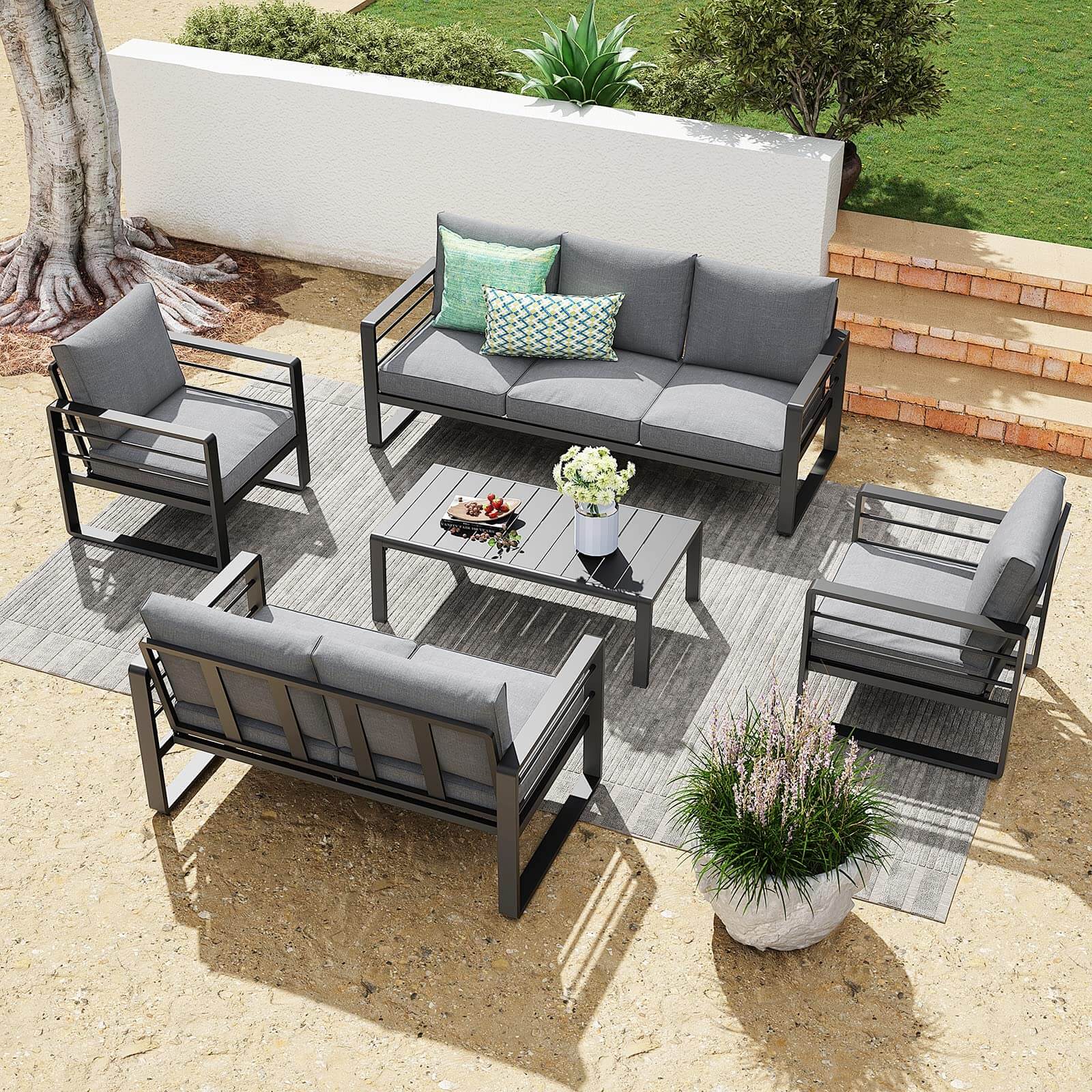 Aluminum Patio Furniture Set, 5 PCS Modern Patio Conversation Set, All Weather Outdoor Sectional Sofa Set