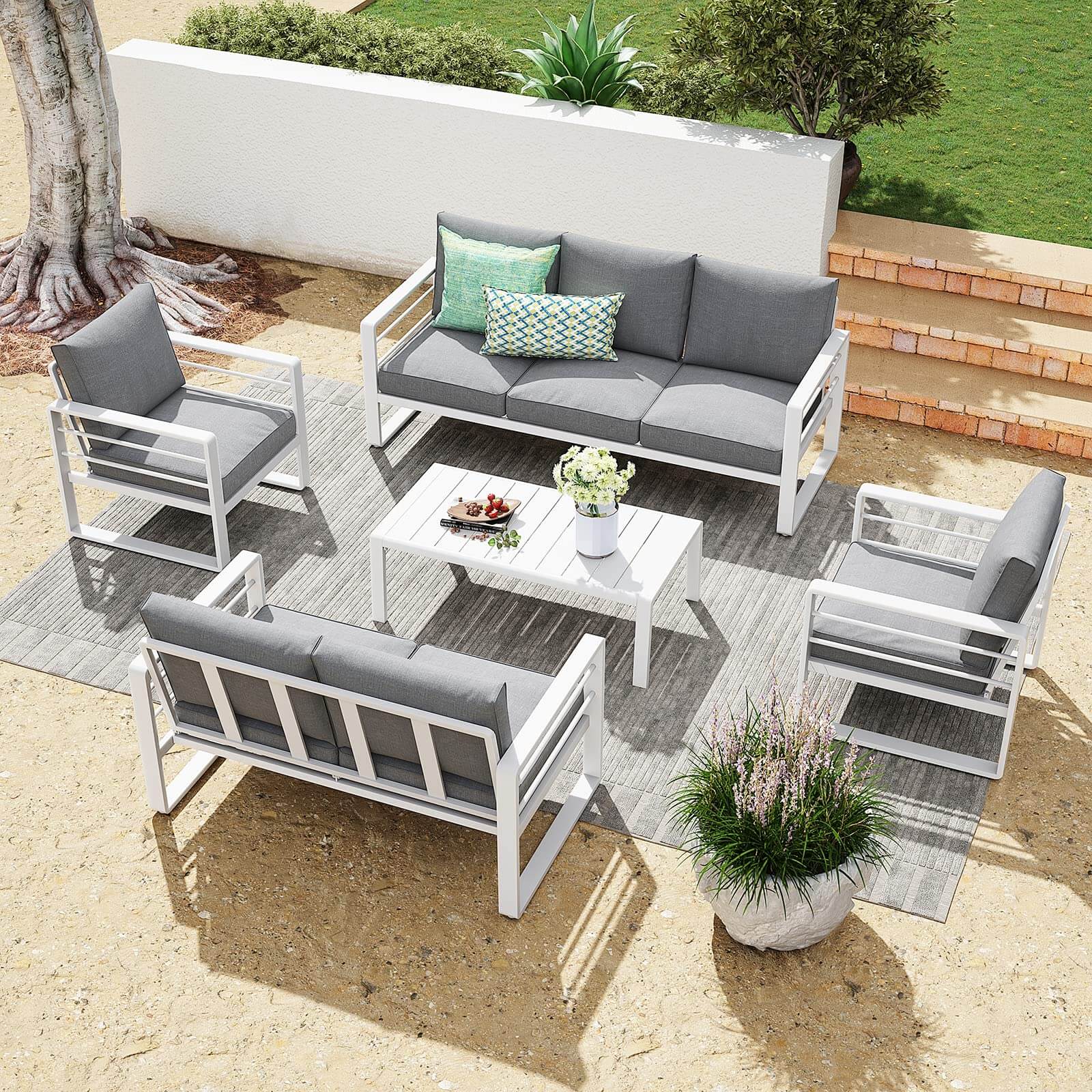 Aluminum Patio Furniture Set, 5 PCS Modern Patio Conversation Set, All Weather Outdoor Sectional Sofa Set