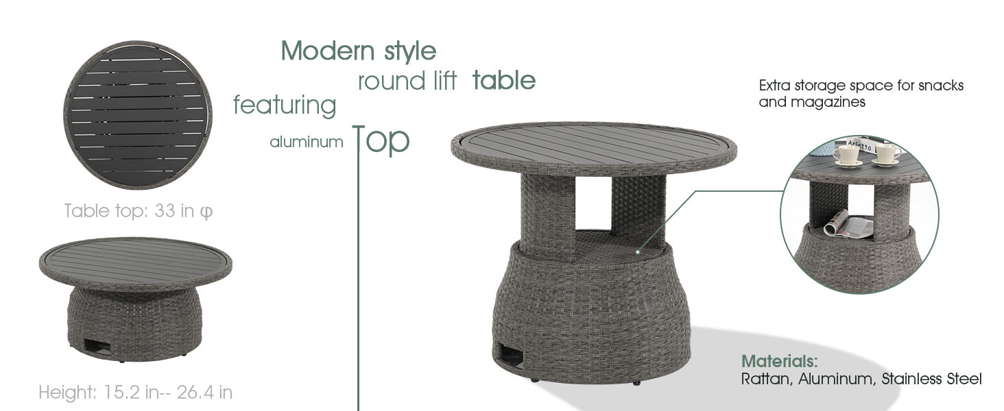 33in Wicker Outdoor LiftTop Coffee Table Round Side Table with