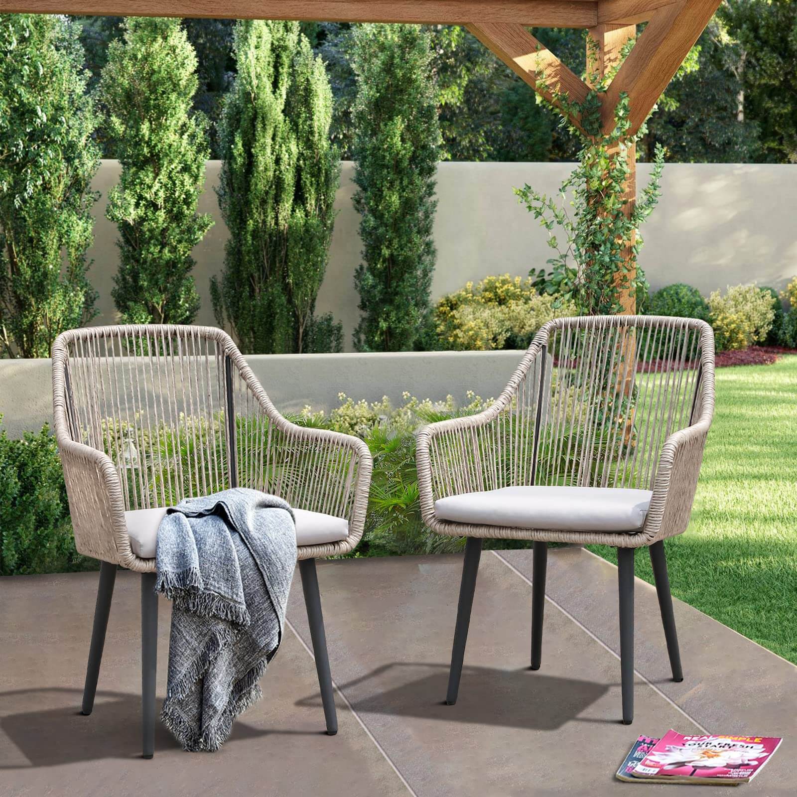 Outdoor Dining Chairs, All-Weather Woven Rope Rattan Wicker Chairs, Patio Dining Chair Set