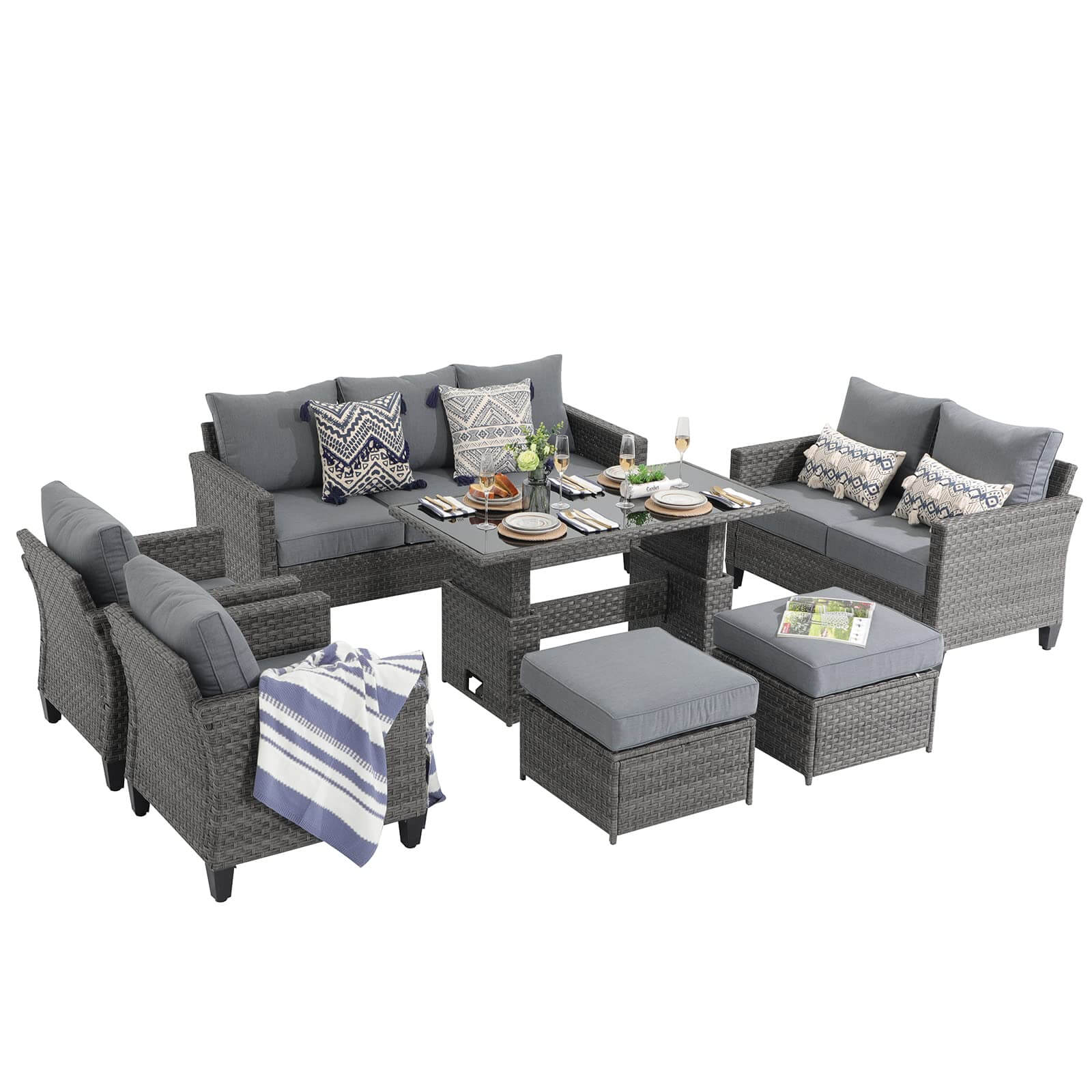 Outdoor Patio Furniture Set Wicker Conversation Set with Lift Coffee Table Sectional Dining Set