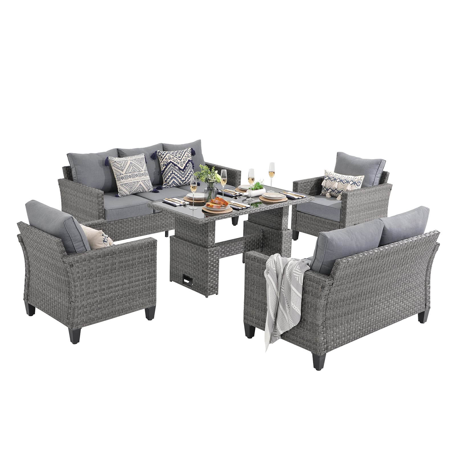 Outdoor Patio Furniture Set Wicker Conversation Set with Lift Coffee Table Sectional Dining Set