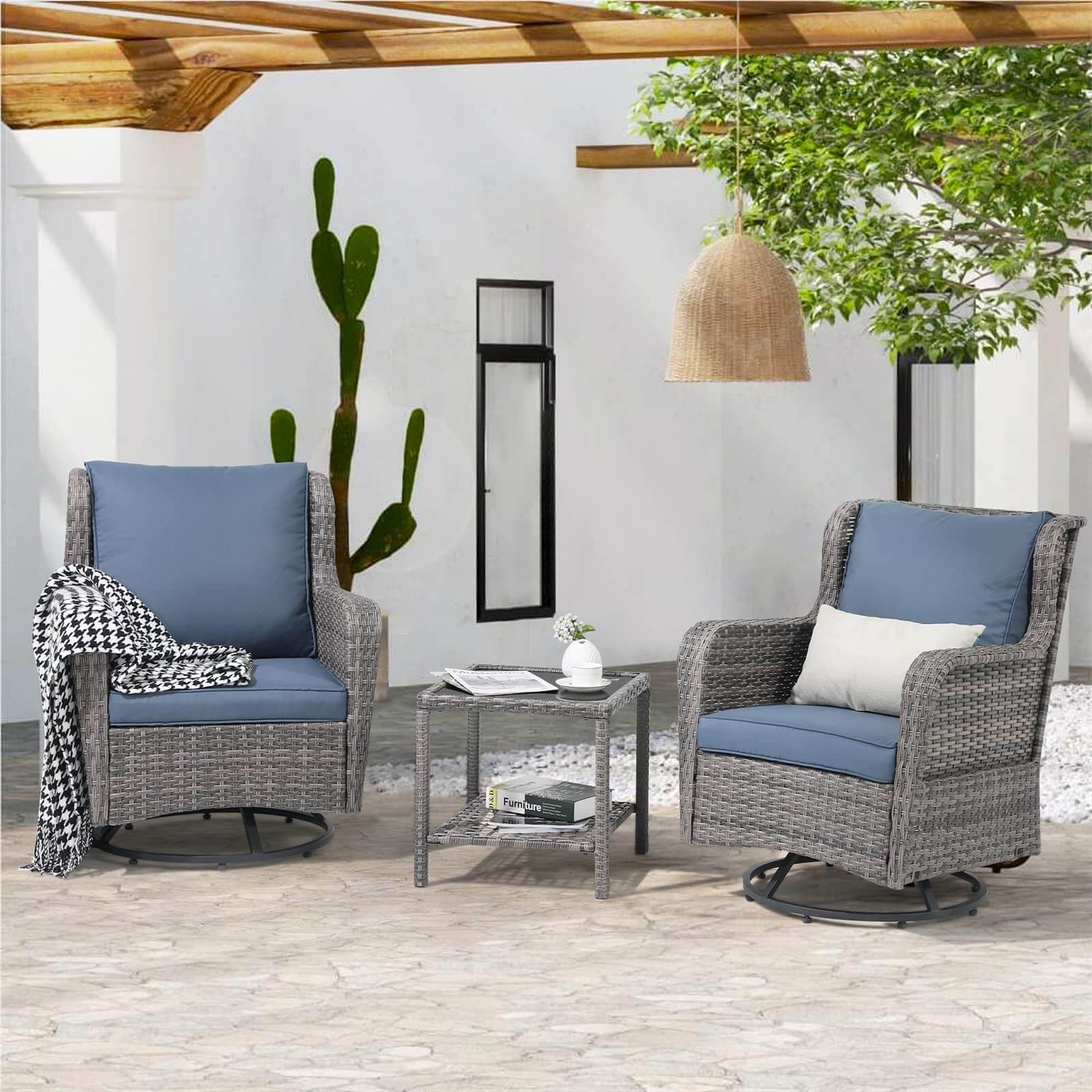 3 Pieces Patio Bistro Set with Swivel Rocking Chairs and Side Table, Outdoor Wicker Swivel Rocker Chairs Set