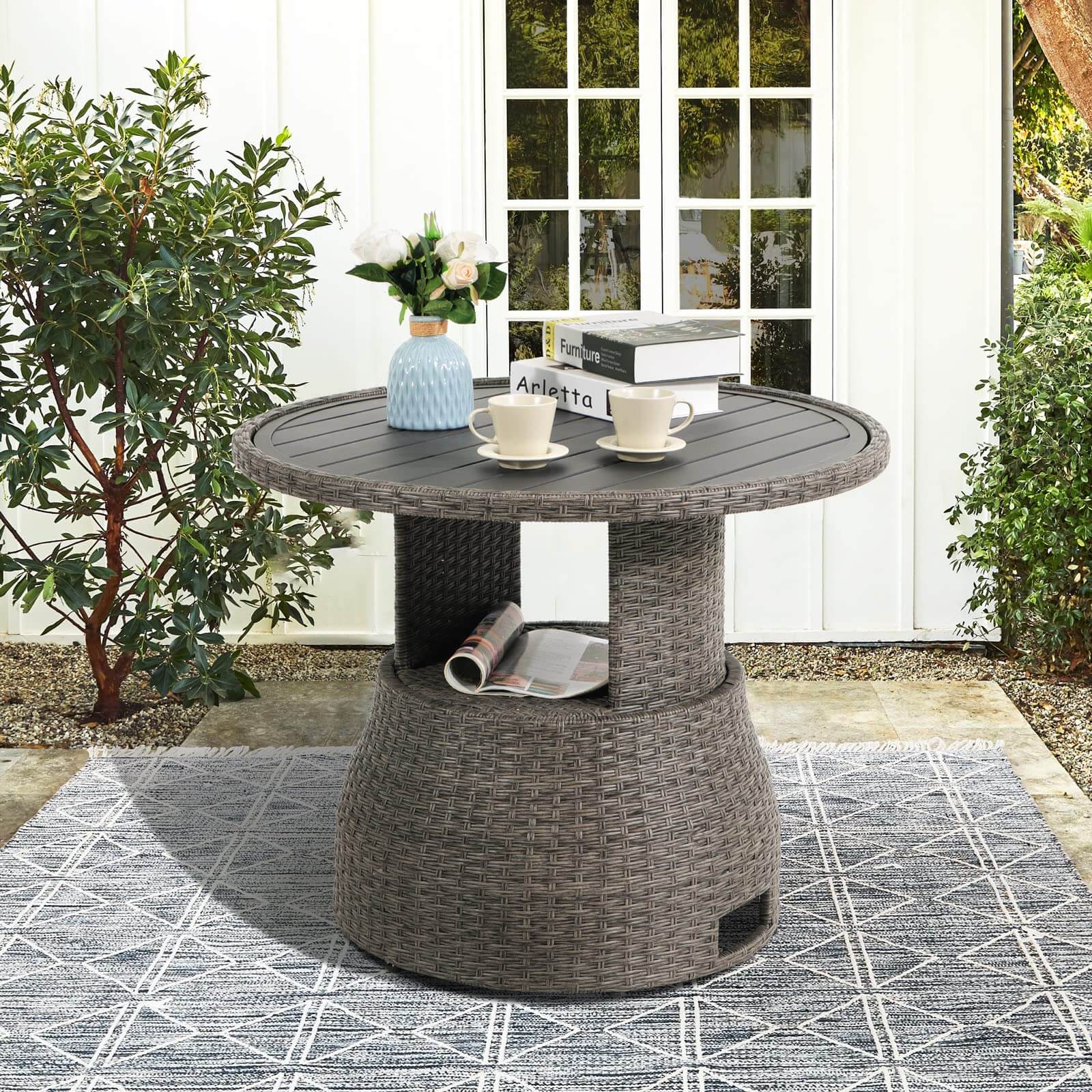 33in Wicker Dining Table, Outdoor Patio Lift Coffee Table, Round Side Table with Aluminum Tabletop, Grey